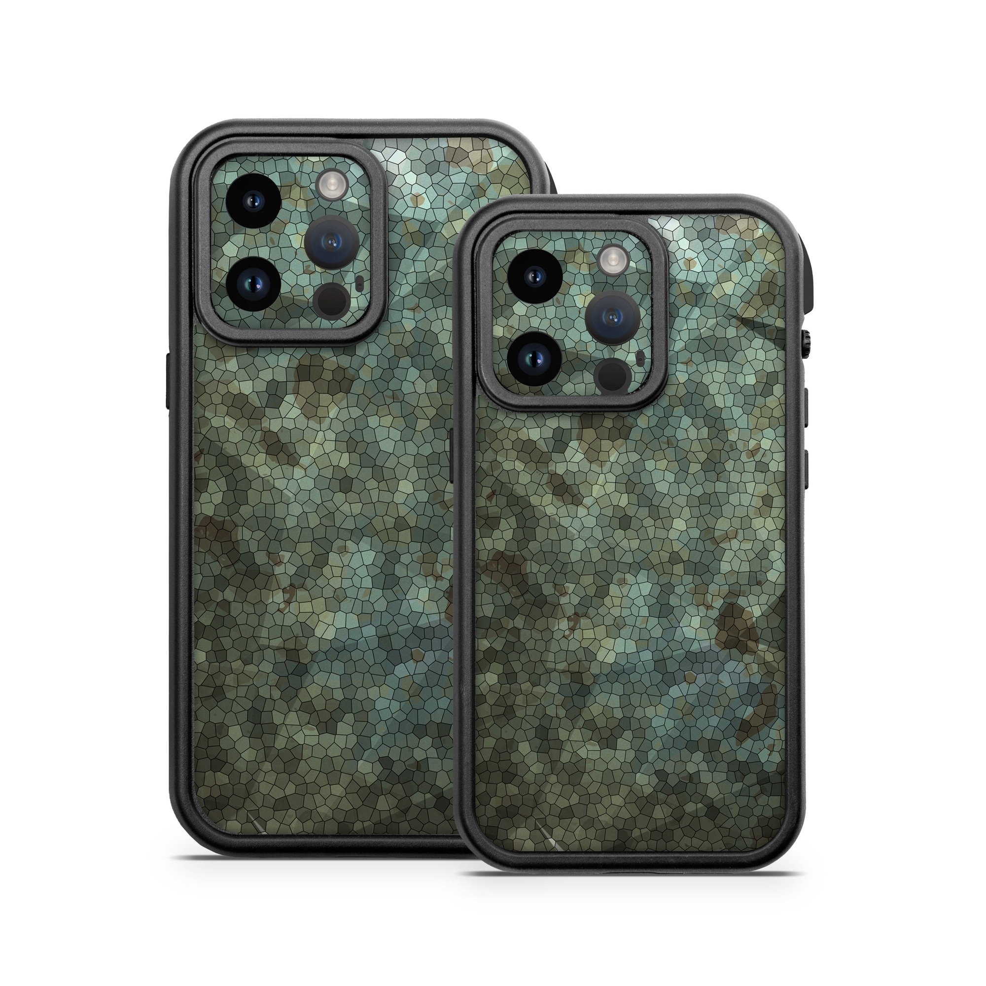 OtterBox Fre iPhone 14 Series Case Skin design of Green, Pattern, Brown, Wall, Design, Rock, Geology, Camouflage, Granite, Metal, with black, brown, blue, gray, white colors