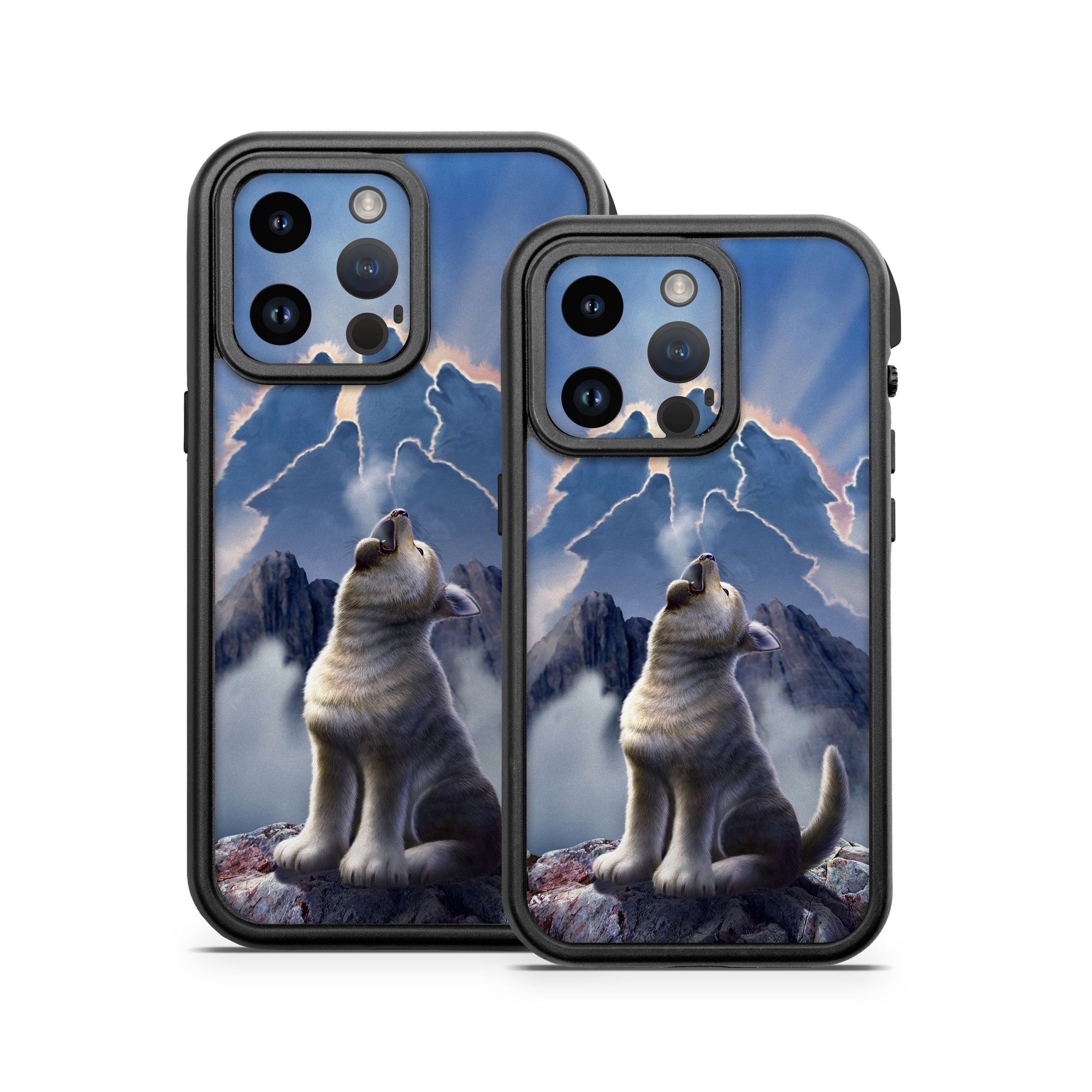 OtterBox Fre iPhone 14 Series Case Skin design of Sky, Cloud, Atmosphere, Rock, Wolf, Photography, Cg artwork, Illustration, Mountain, Mythology, with white, blue, gray, brown colors