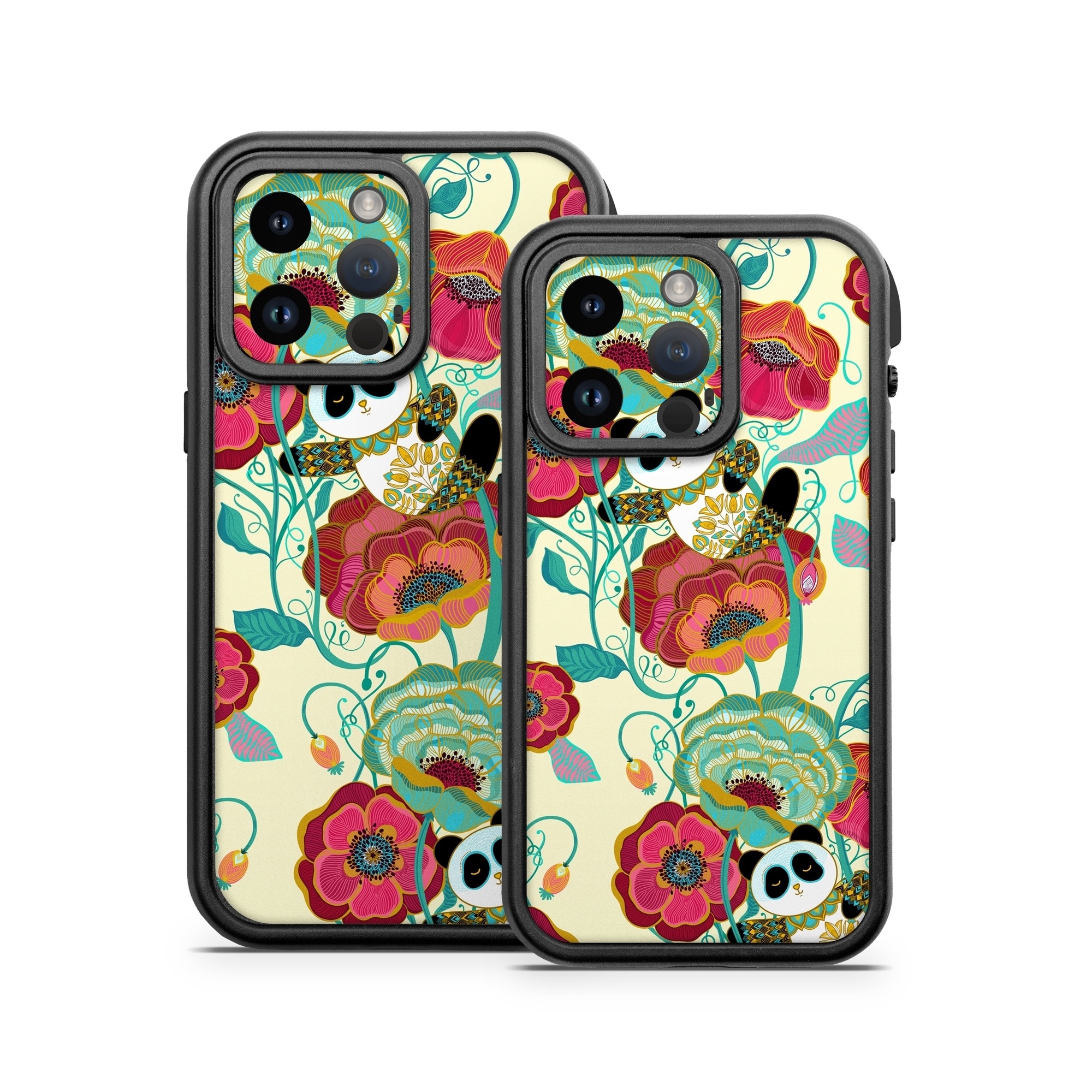 OtterBox Fre iPhone 14 Series Case Skin design of Plant, Product, Green, Botany, Art, Flower, Pink, Rectangle, Red, Aqua, with white, red, pink, yellow, green, blue, black colors