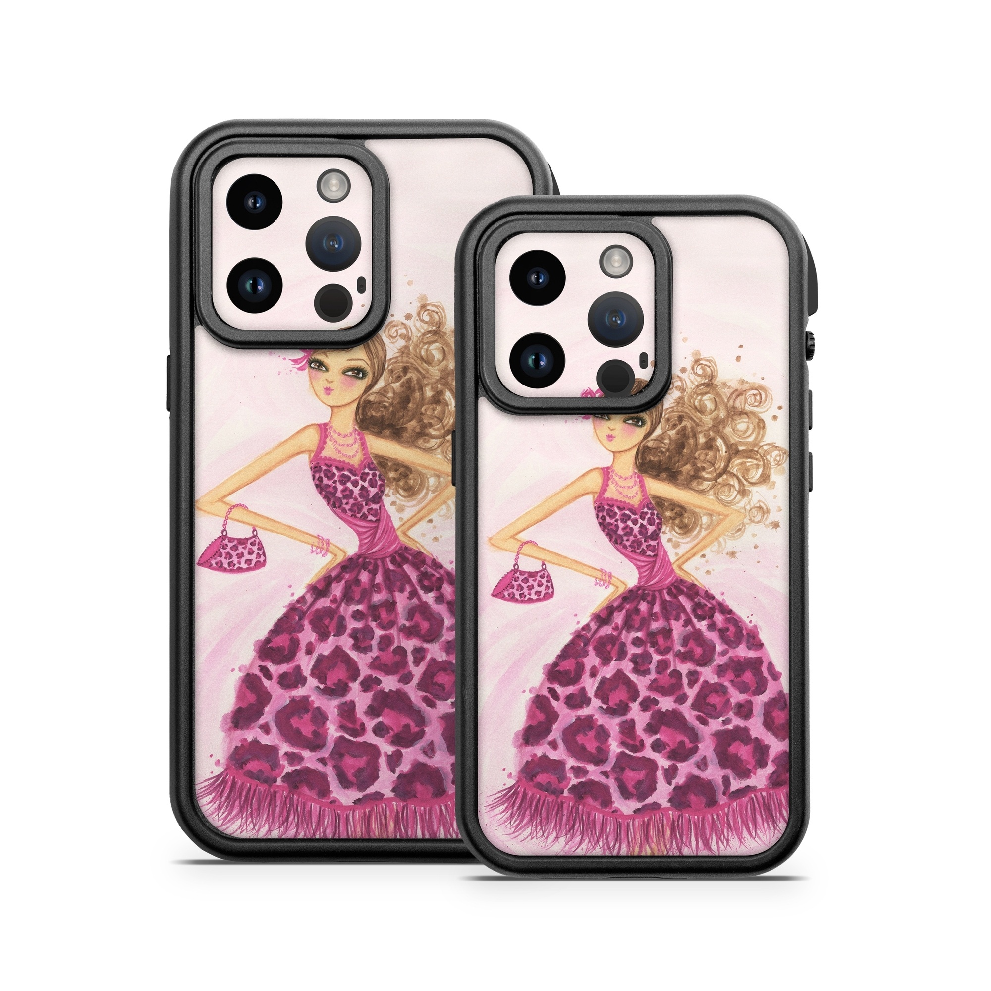 OtterBox Fre iPhone 14 Series Case Skin design of Pink, Doll, Dress, Fashion illustration, Barbie, Fashion design, Illustration, Gown, Costume design, Toy, with pink, gray, red, purple, green colors