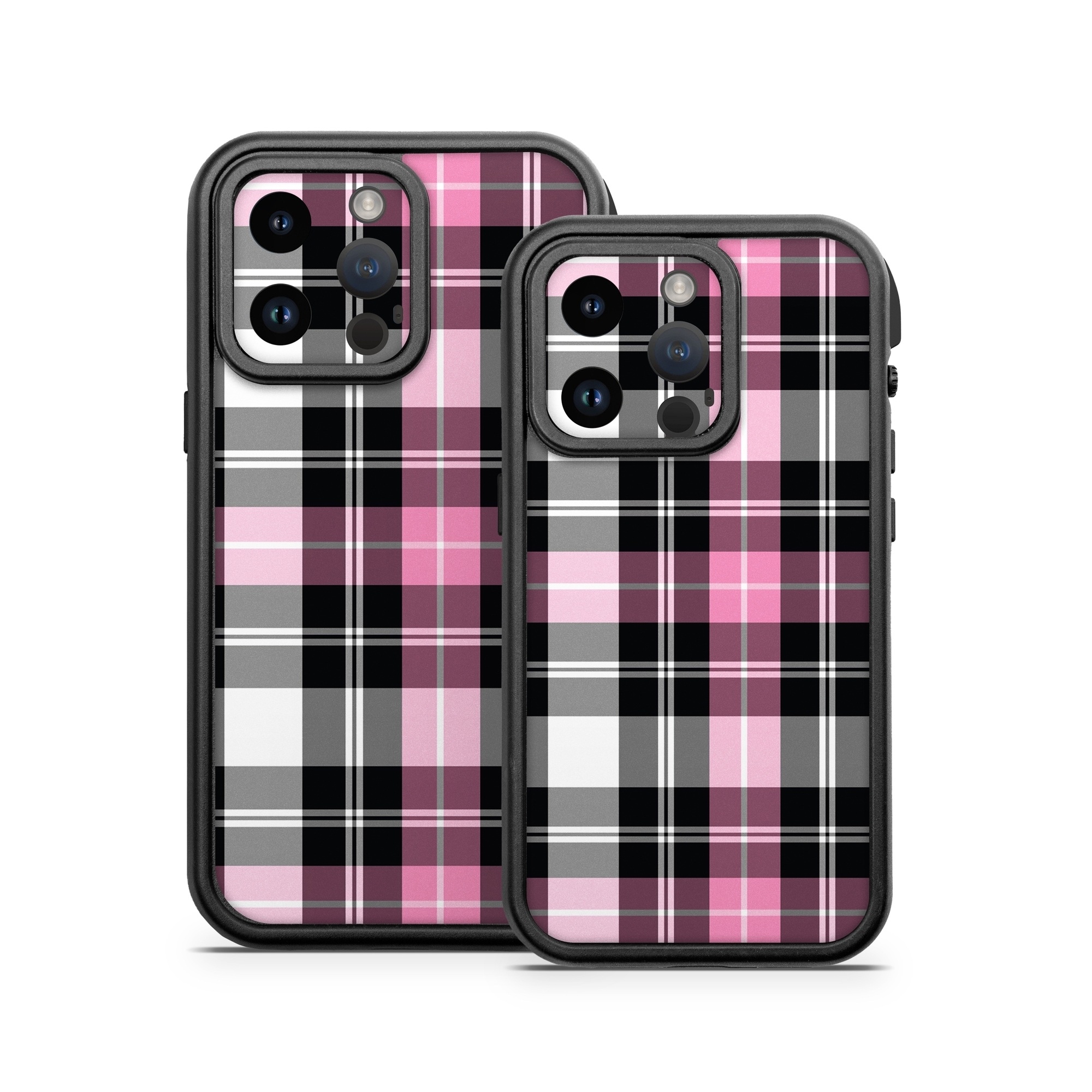 OtterBox Fre iPhone 14 Series Case Skin design of Plaid, Tartan, Pattern, Pink, Purple, Violet, Line, Textile, Magenta, Design, with black, gray, pink, red, white, purple colors