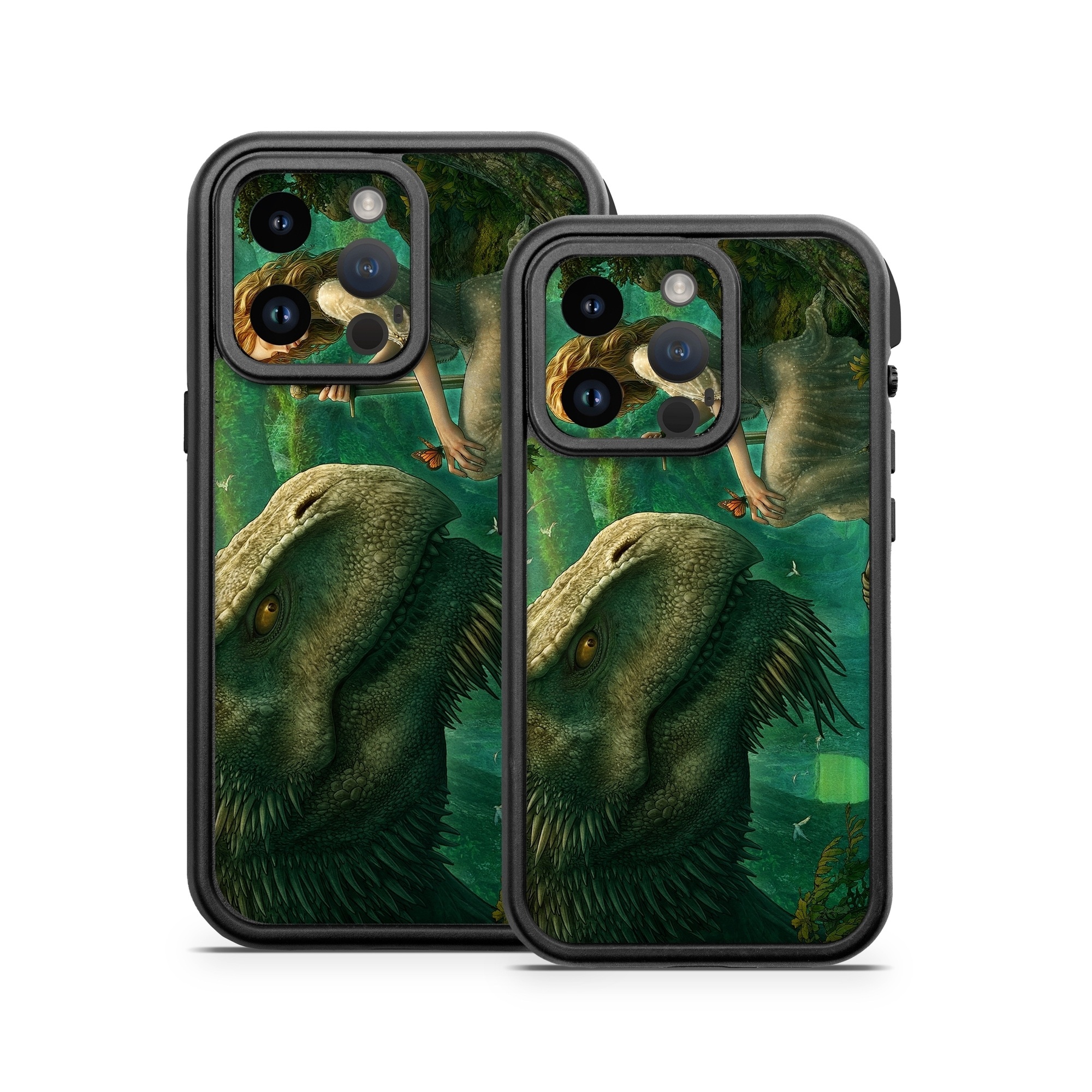 OtterBox Fre iPhone 14 Series Case Skin design of Dinosaur, Cg artwork, Mythology, Fictional character, Troodon, Extinction, Velociraptor, Illustration, Animated cartoon, Tyrannosaurus, with black, green, gray, red colors