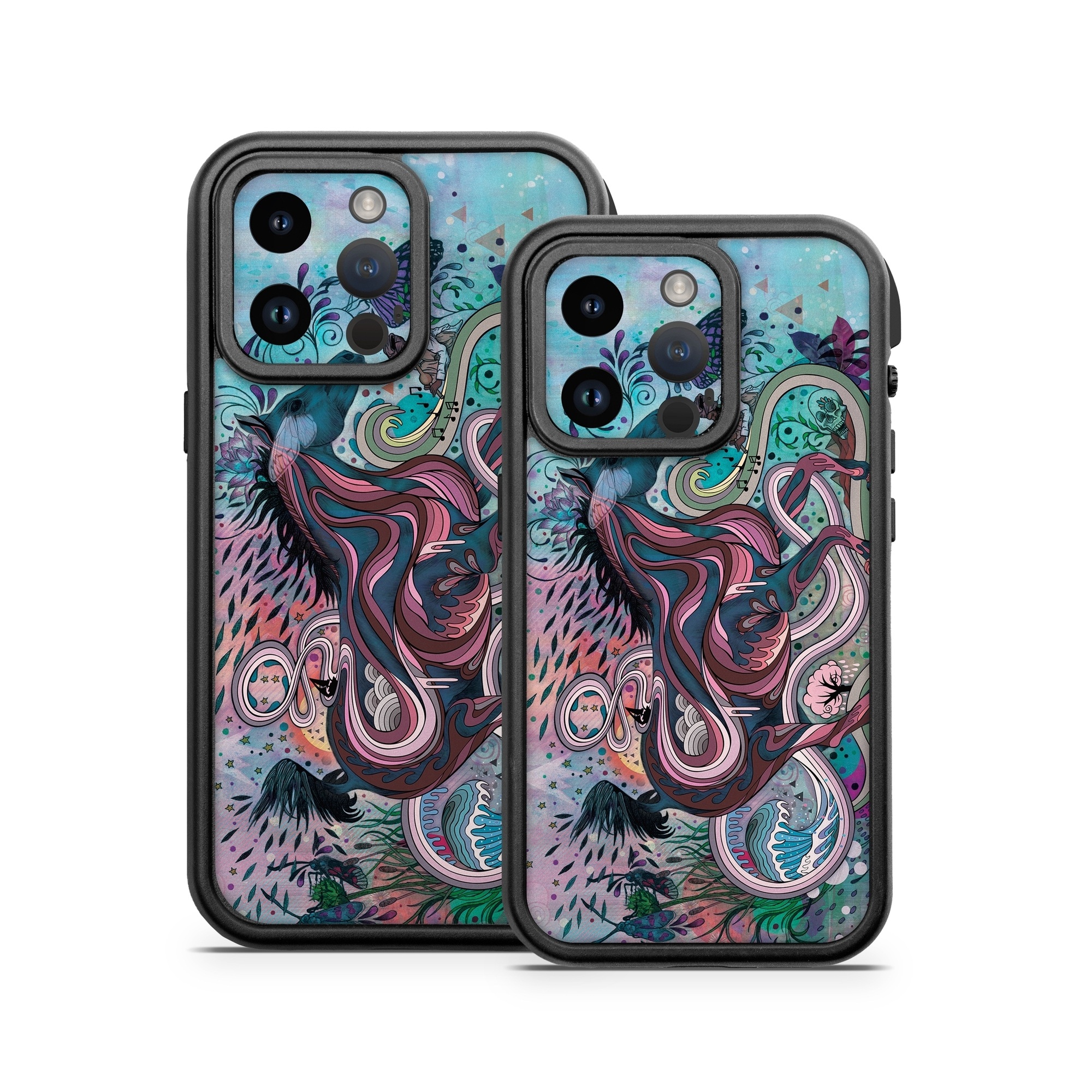 OtterBox Fre iPhone 14 Series Case Skin design of Illustration, Art, Visual arts, Graphic design, Fictional character, Psychedelic art, Pattern, Drawing, Painting, Mythology, with gray, black, blue, red, purple colors