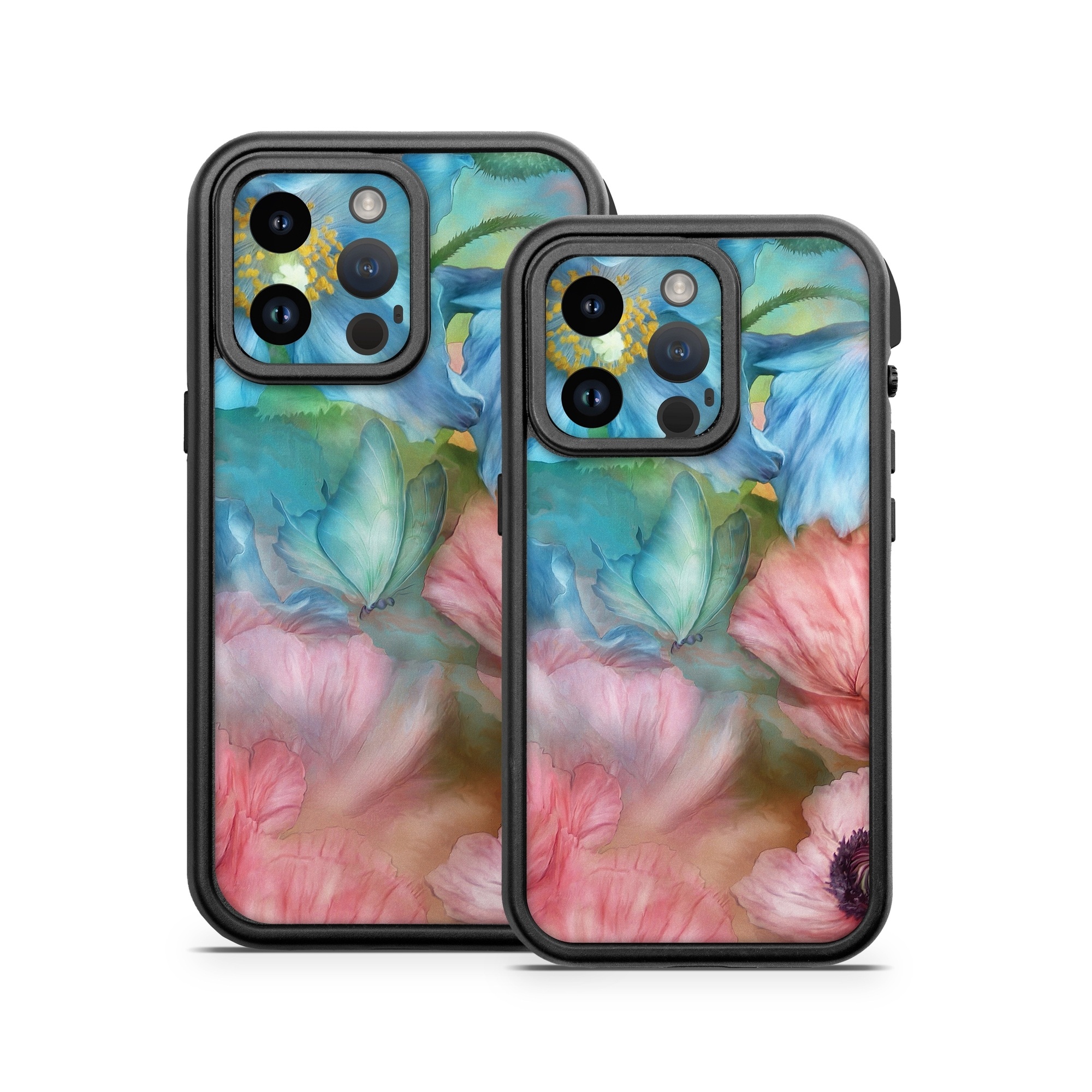 OtterBox Fre iPhone 14 Series Case Skin design of Flower, Petal, Watercolor paint, Painting, Plant, Flowering plant, Pink, Botany, Wildflower, Still life, with gray, blue, black, red, green colors