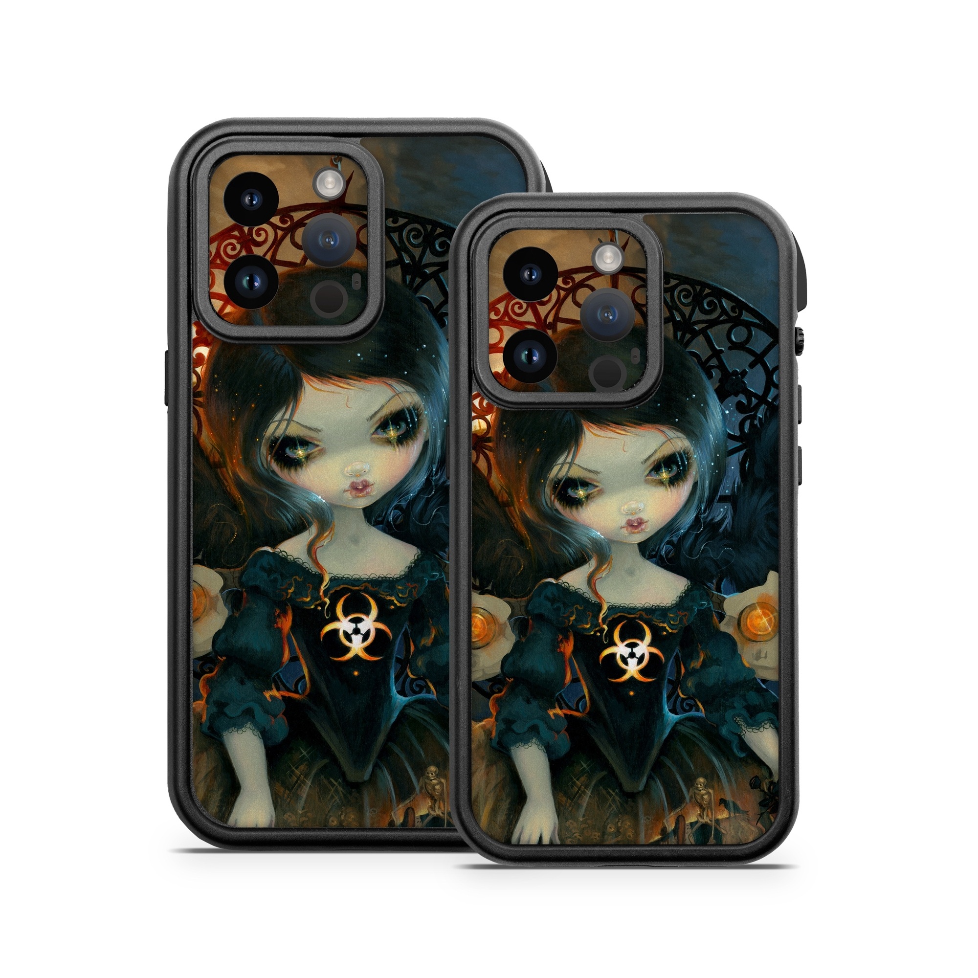OtterBox Fre iPhone 14 Series Case Skin design of Doll, Head, Illustration, Eye, Cg artwork, Fictional character, Toy, Iris, Art, Mythology, with brown, red, black, orange, blue, yellow colors