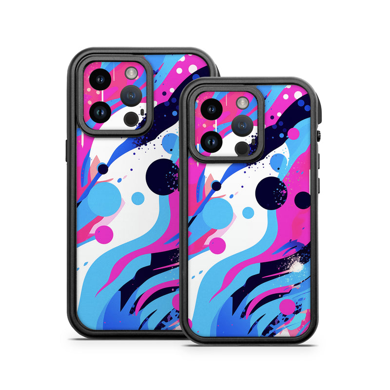 OtterBox Fre iPhone 14 Series Case Skin design of Organism, Art, Line, Font, Magenta, Art paint, Paint, Pattern, Electric blue, Tints and shades, with pink, blue, white, black, orange colors