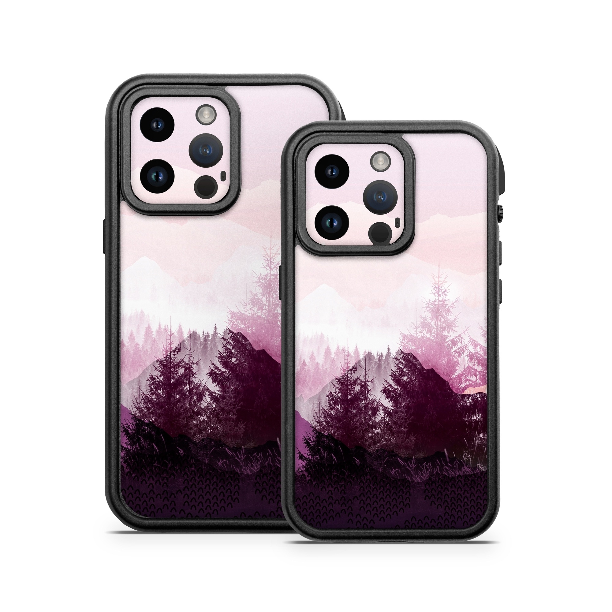OtterBox Fre iPhone 14 Series Case Skin design of Sky, Purple, Atmospheric phenomenon, Pink, Natural landscape, Violet, Mountain, Tree, Morning, Mountain range, with white, purple, black, pink colors