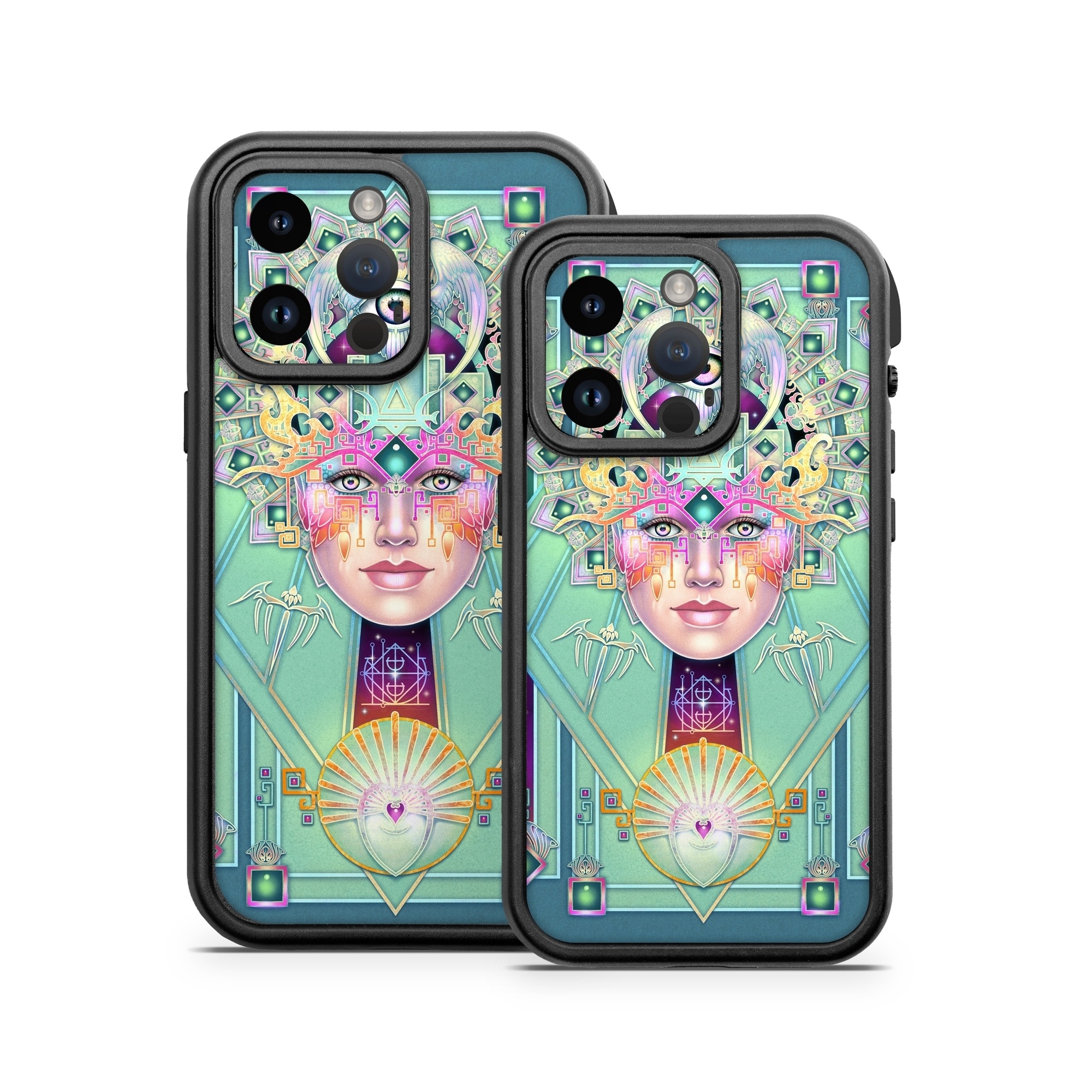OtterBox Fre iPhone 14 Series Case Skin design of Head, Eye, Eyelash, Font, Art, Magenta, Rectangle, Painting, Illustration, Pattern, with blue, green, yellow, red, purple, white colors