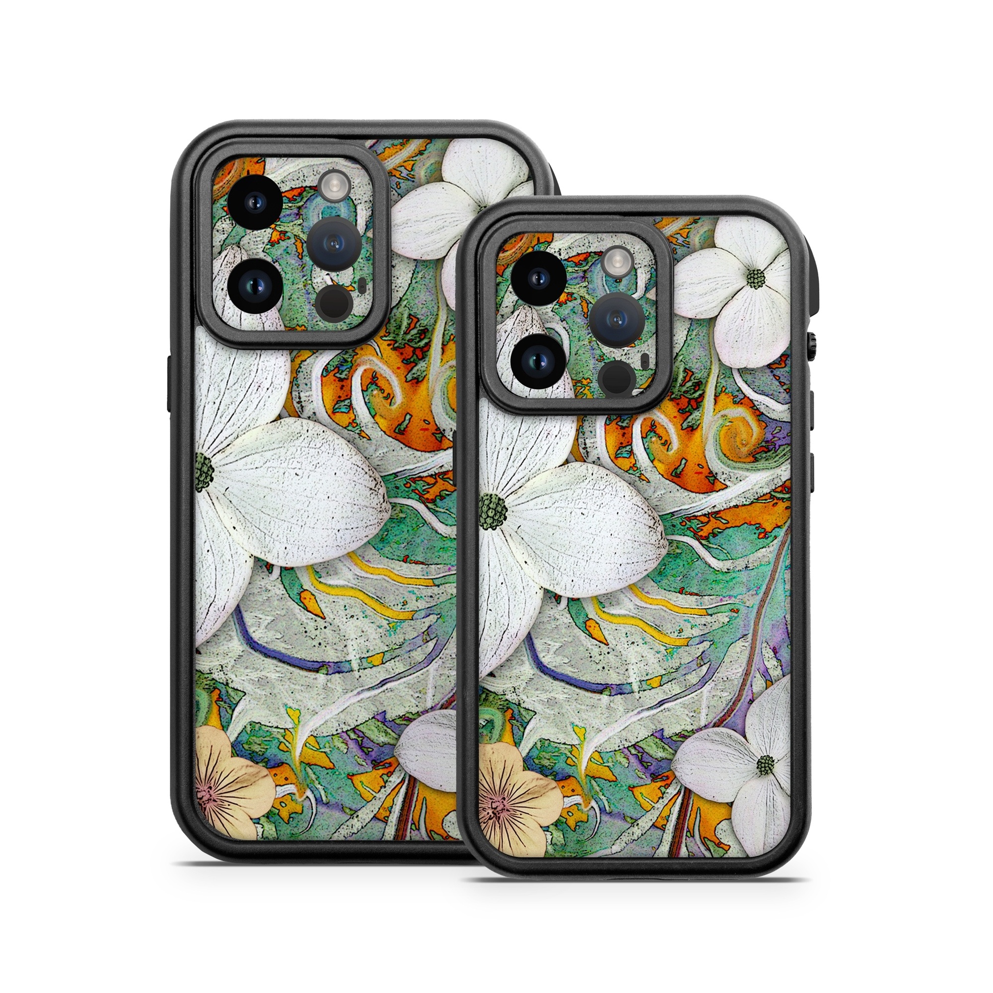 OtterBox Fre iPhone 14 Series Case Skin design of Flower, Pattern, Plant, Wildflower, Floral design, Petal, Art, Painting, Visual arts, Wallpaper, with gray, black, green, blue, red colors