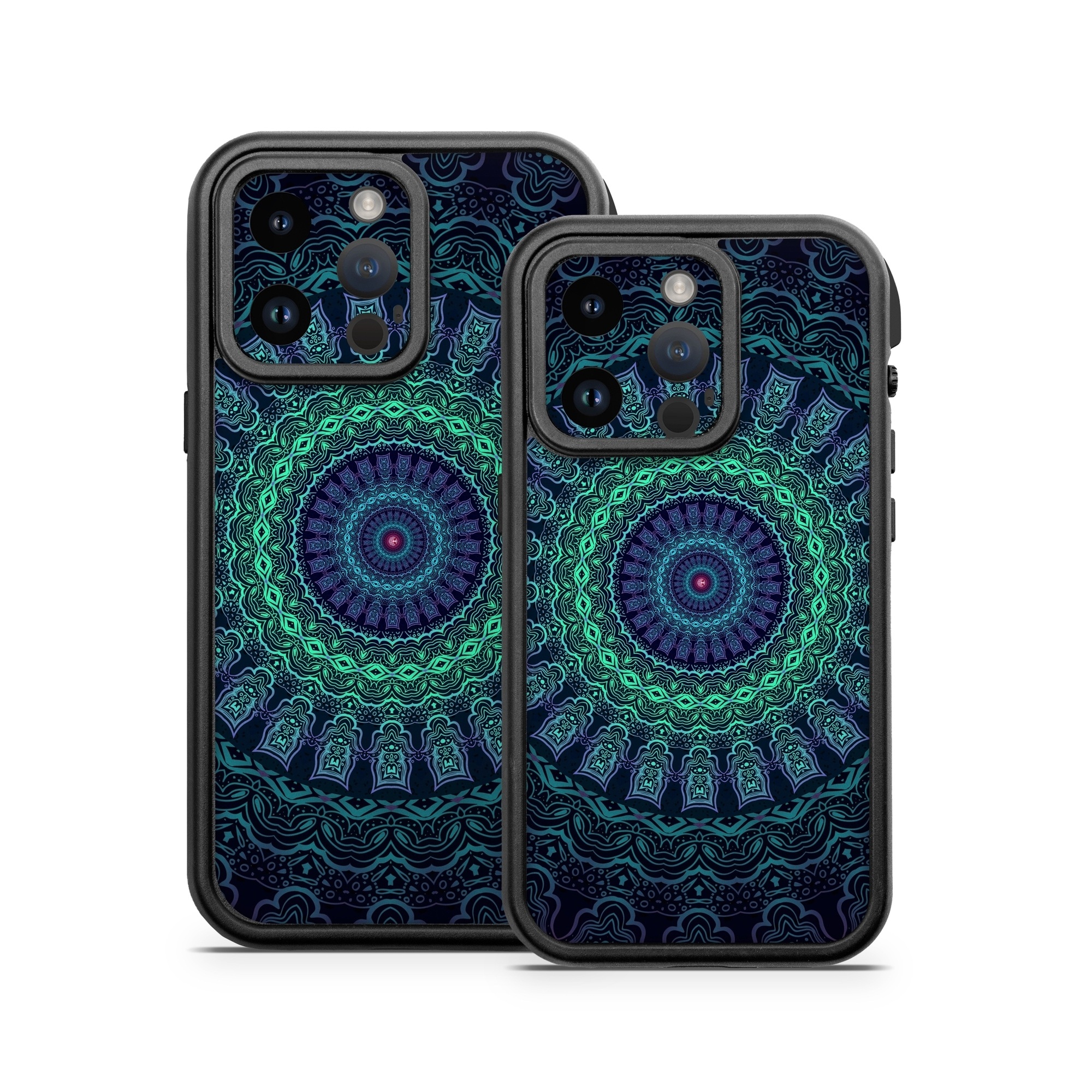 OtterBox Fre iPhone 14 Series Case Skin design of Colorfulness, Blue, Green, Pattern, Teal, Turquoise, Art, Electric Blue, Aqua, Circle, Majorelle Blue, Visual Arts, Fractal Art, Design, Symmetry, Psychedelic Art, Graphics, Kaleidoscope, Motif, with black, green, red colors