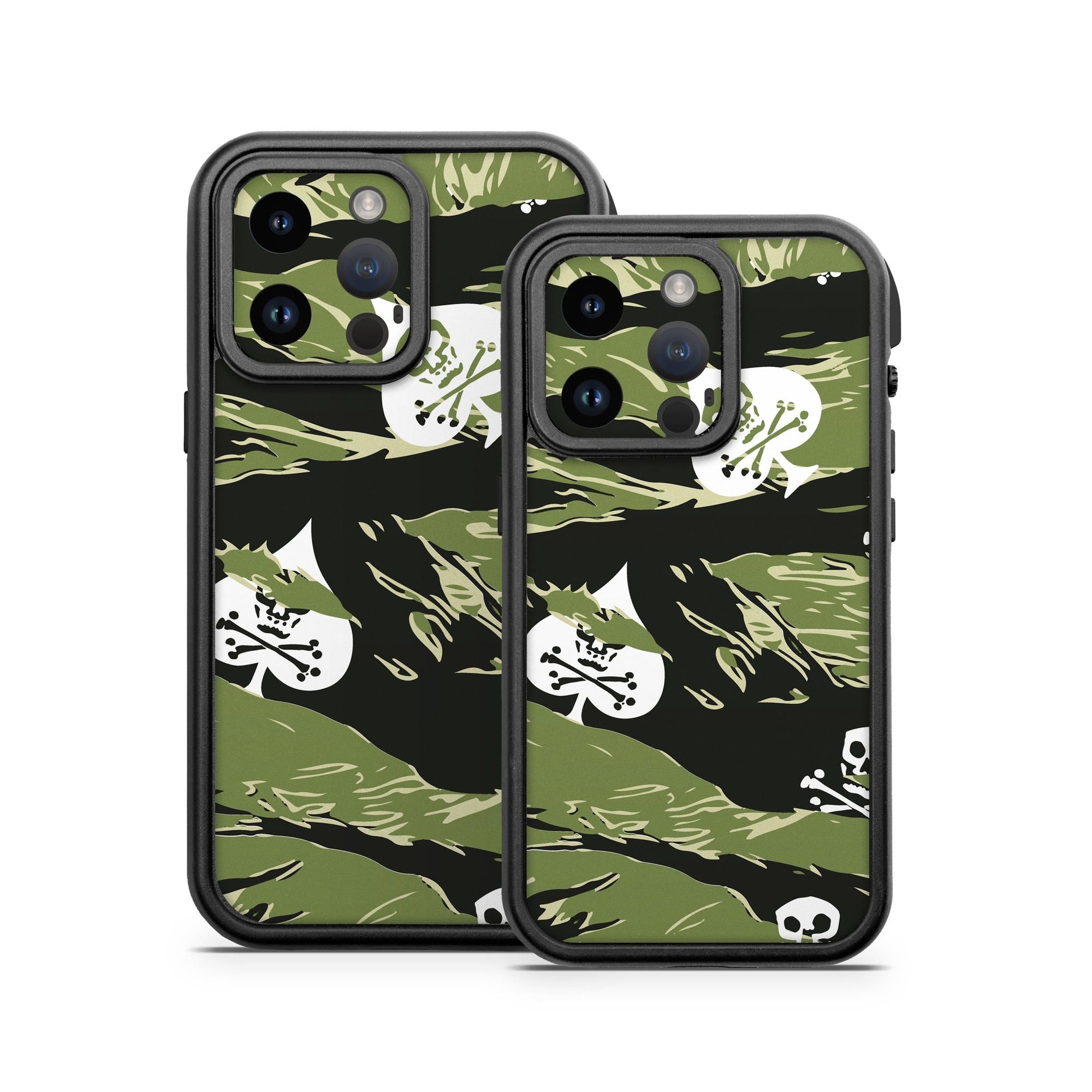 OtterBox Fre iPhone 14 Series Case Skin design of Military camouflage, Pattern, Leaf, Illustration, Design, Tree, Camouflage, Plant, Art, Branch, with black, white, green colors
