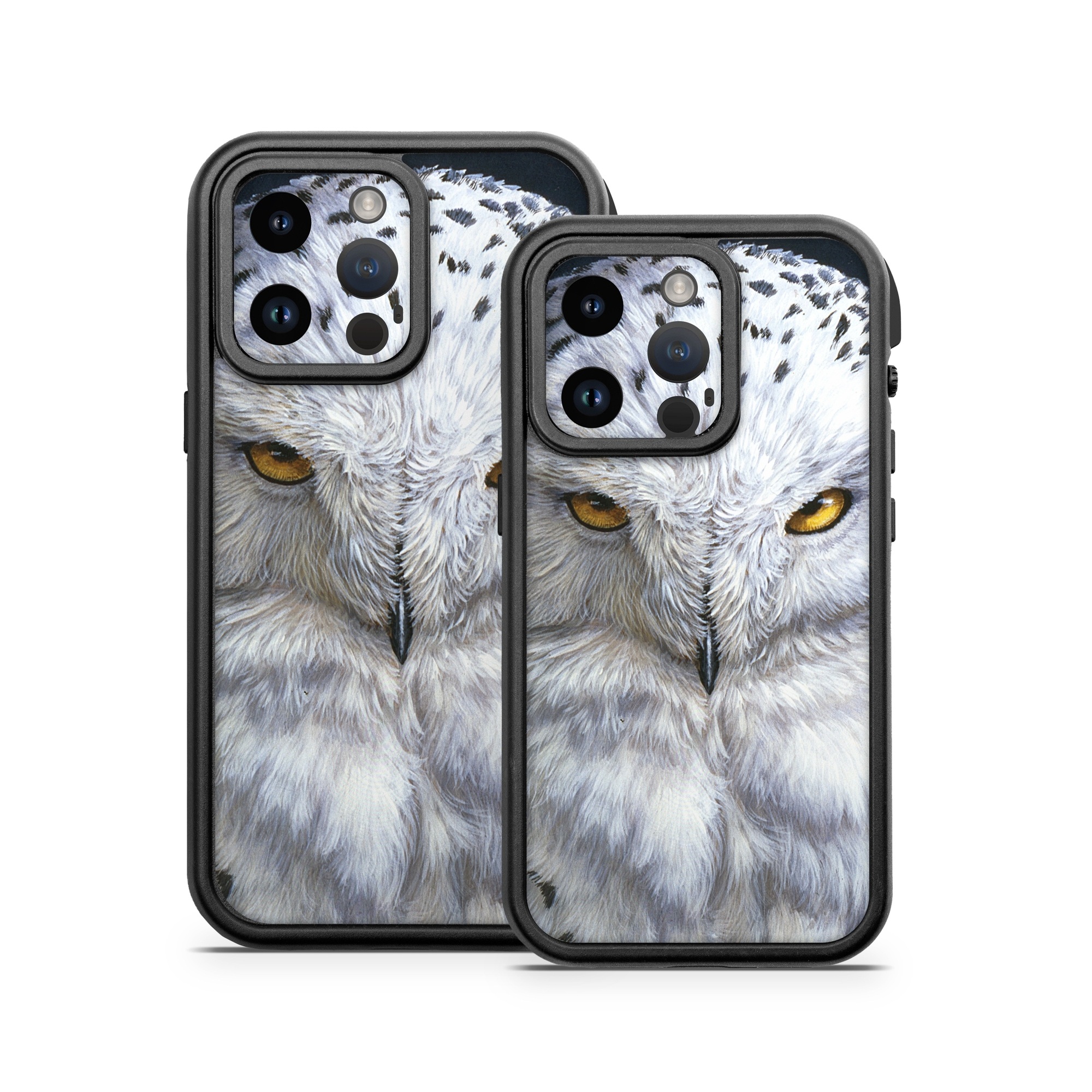 OtterBox Fre iPhone 14 Series Case Skin design of Owl, Bird, Bird of prey, Snowy owl, great grey owl, Close-up, Eye, Snout, Wildlife, Eastern Screech owl, with gray, white, black, blue, purple colors