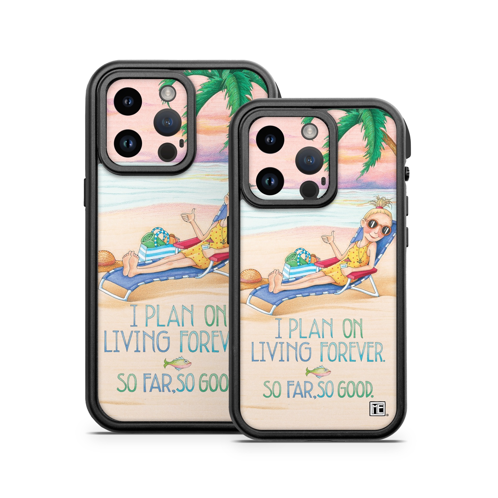 OtterBox Fre iPhone 14 Series Case Skin design of Vacation, Product, Summer, Aqua, Illustration, Sun tanning, Fictional character, Caribbean, Graphics, Happy, with pink, green, brown, yellow, blue, white, red colors