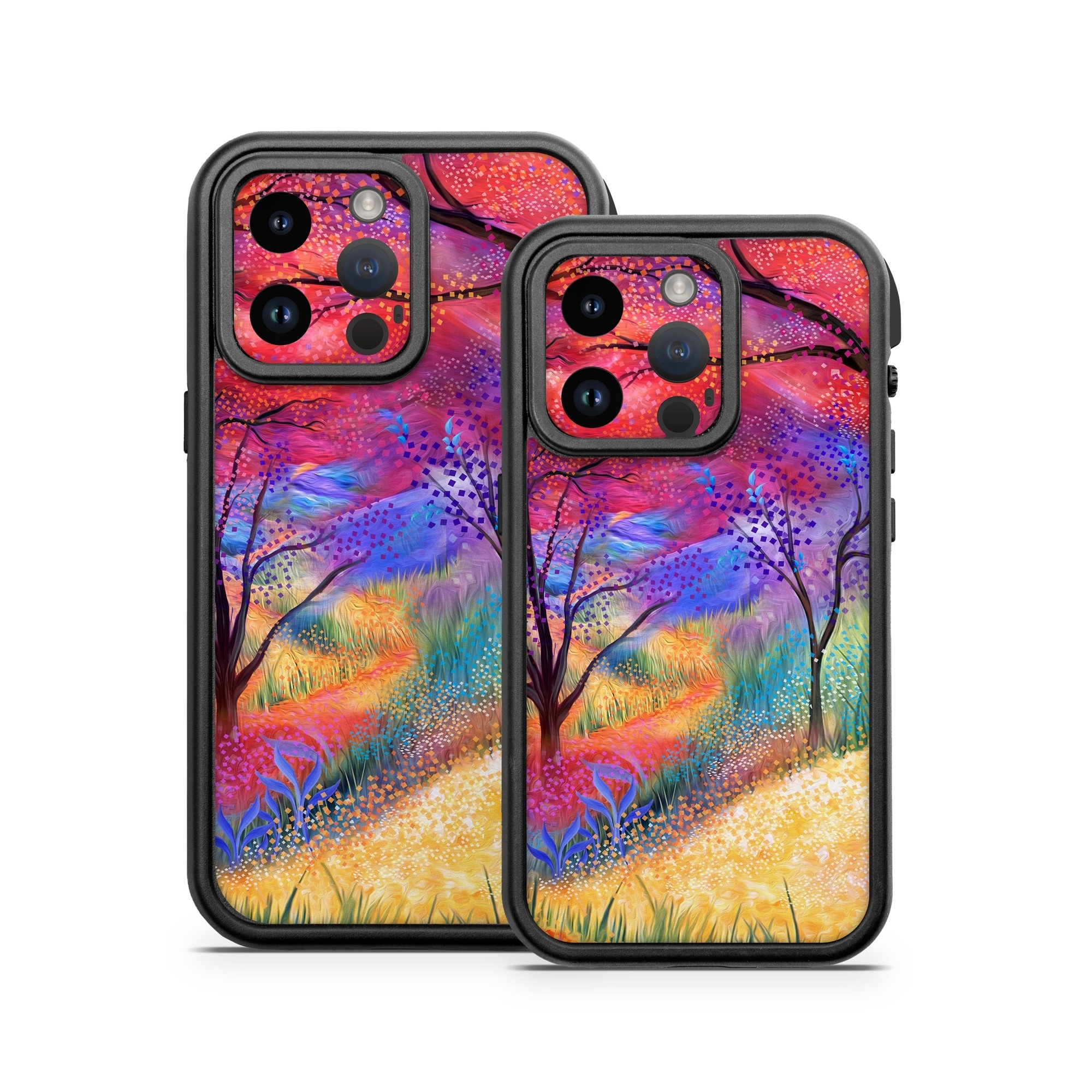OtterBox Fre iPhone 14 Series Case Skin design of Plant, Art paint, Paint, Botany, Natural environment, Natural landscape, Leaf, Branch, People in nature, Tree, with red, blue, yellow, green, purple, orange, black, white colors