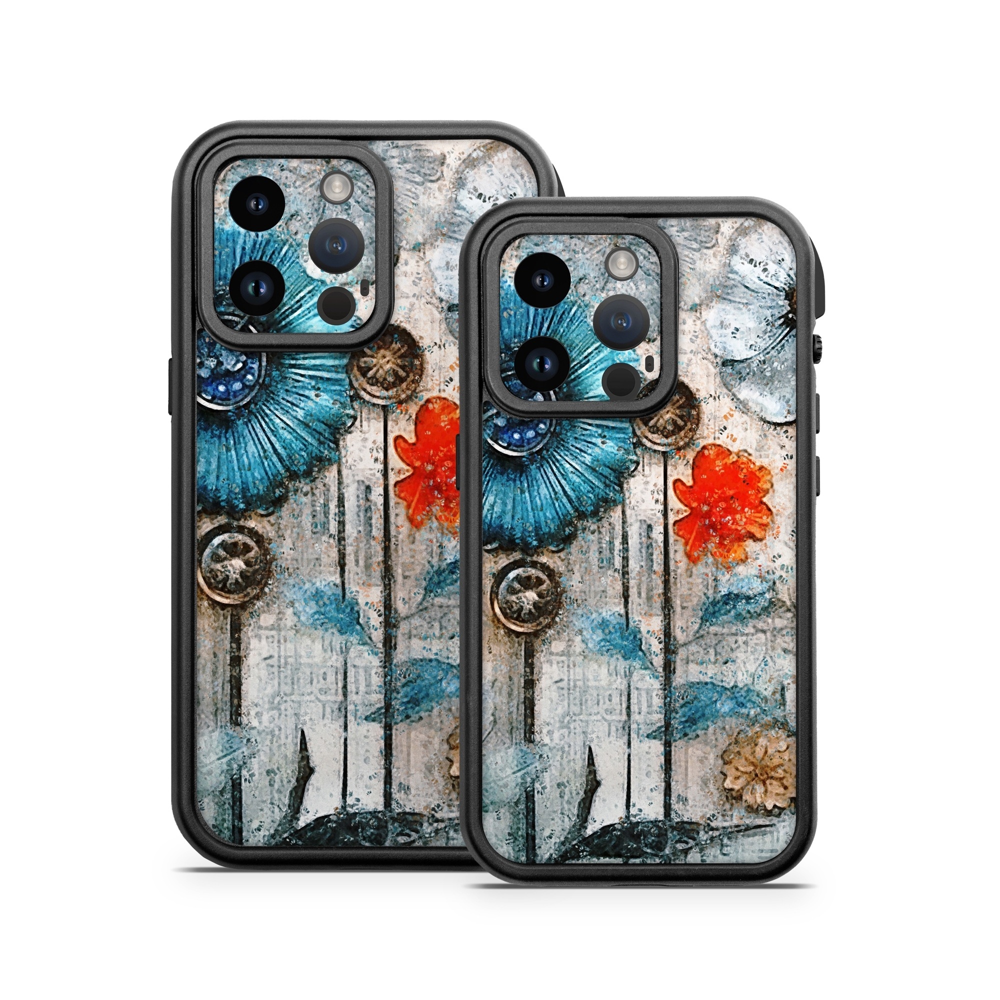 OtterBox Fre iPhone 14 Series Case Skin design of Plant, Blue, Petal, Textile, Paint, Flower, Art, Creative arts, Pattern, Rectangle, with white, brown, black, yellow, blue, red, gray colors