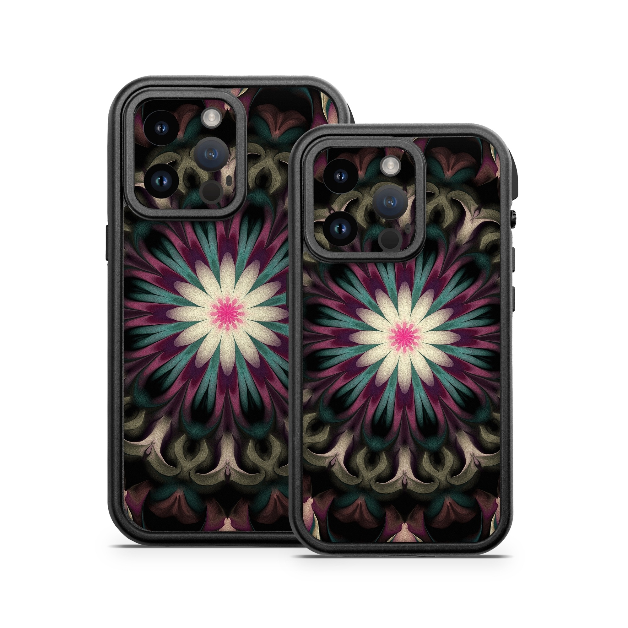 OtterBox Fre iPhone 14 Series Case Skin design of Fractal art, Pattern, Pink, Psychedelic art, Art, Kaleidoscope, Design, Symmetry, Visual arts, Textile, with black, purple, white, green, blue colors