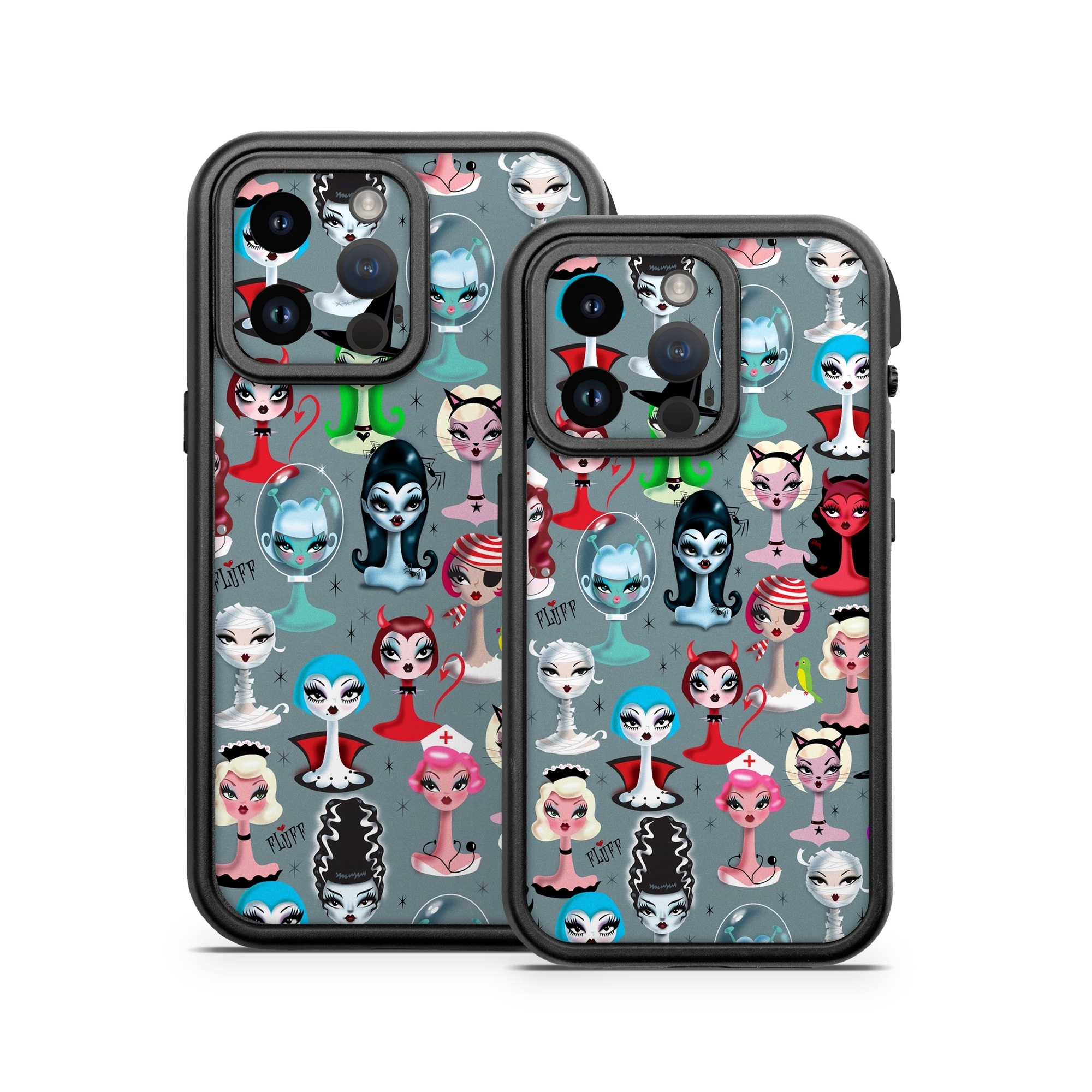 OtterBox Fre iPhone 14 Series Case Skin design of Facial expression, Head, Design, Collection, Fictional character, Pattern, Skull, Illustration, Collage, Style, with gray, white, red, blue, green, black, pink, purple colors