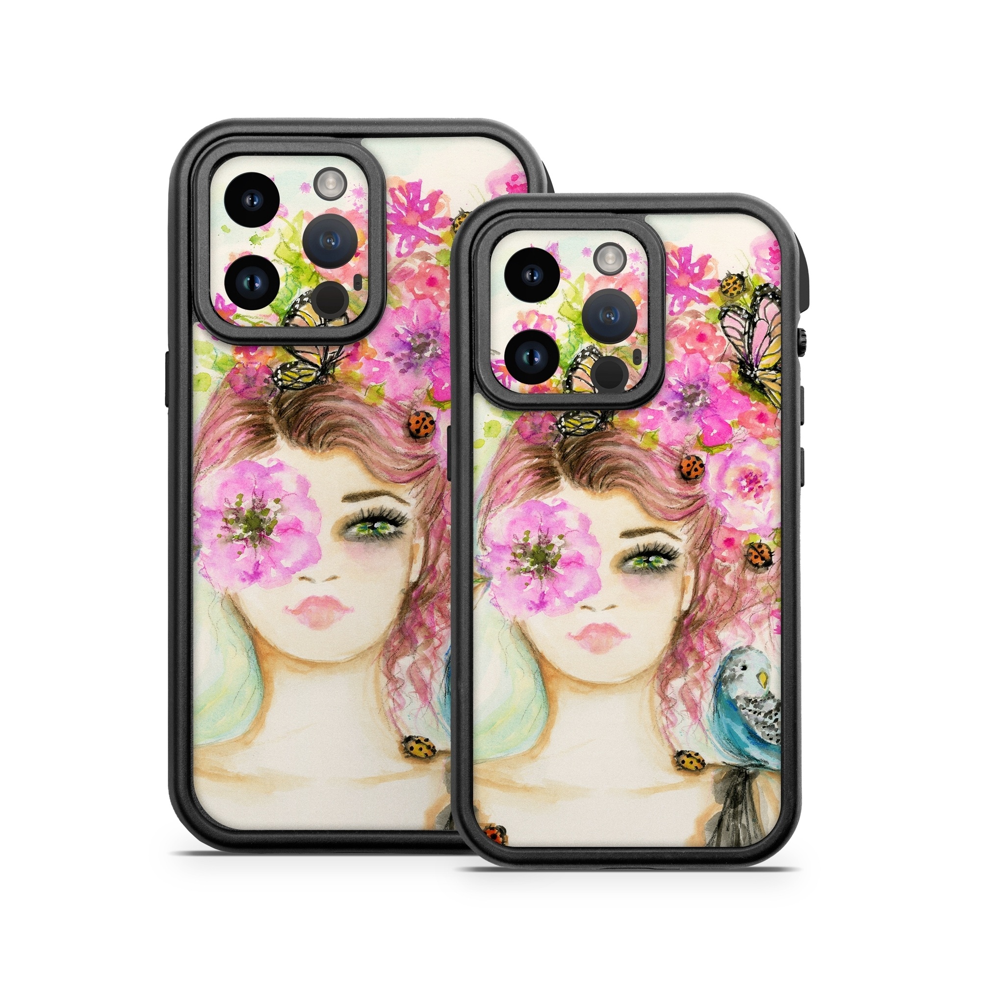 OtterBox Fre iPhone 14 Series Case Skin design of Pink, Illustration, Fashion illustration, Watercolor paint, Fictional character, Dress, Hair accessory, Wildflower, Costume, Plant, with blue, pink, yellow, orange, purple, brown, green colors