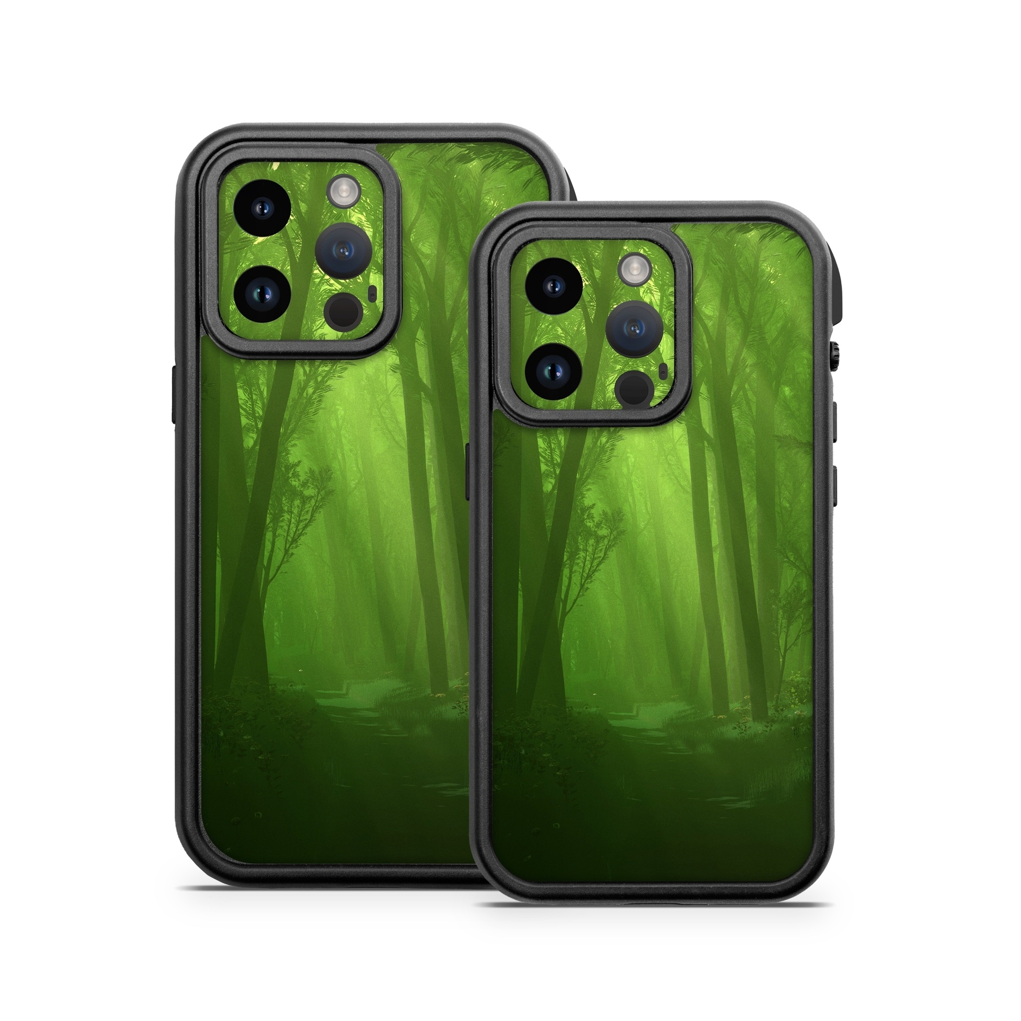 OtterBox Fre iPhone 14 Series Case Skin design of Nature, Green, Forest, Old-growth forest, Woodland, Natural environment, Vegetation, Tree, Natural landscape, Atmospheric phenomenon, with black, green colors