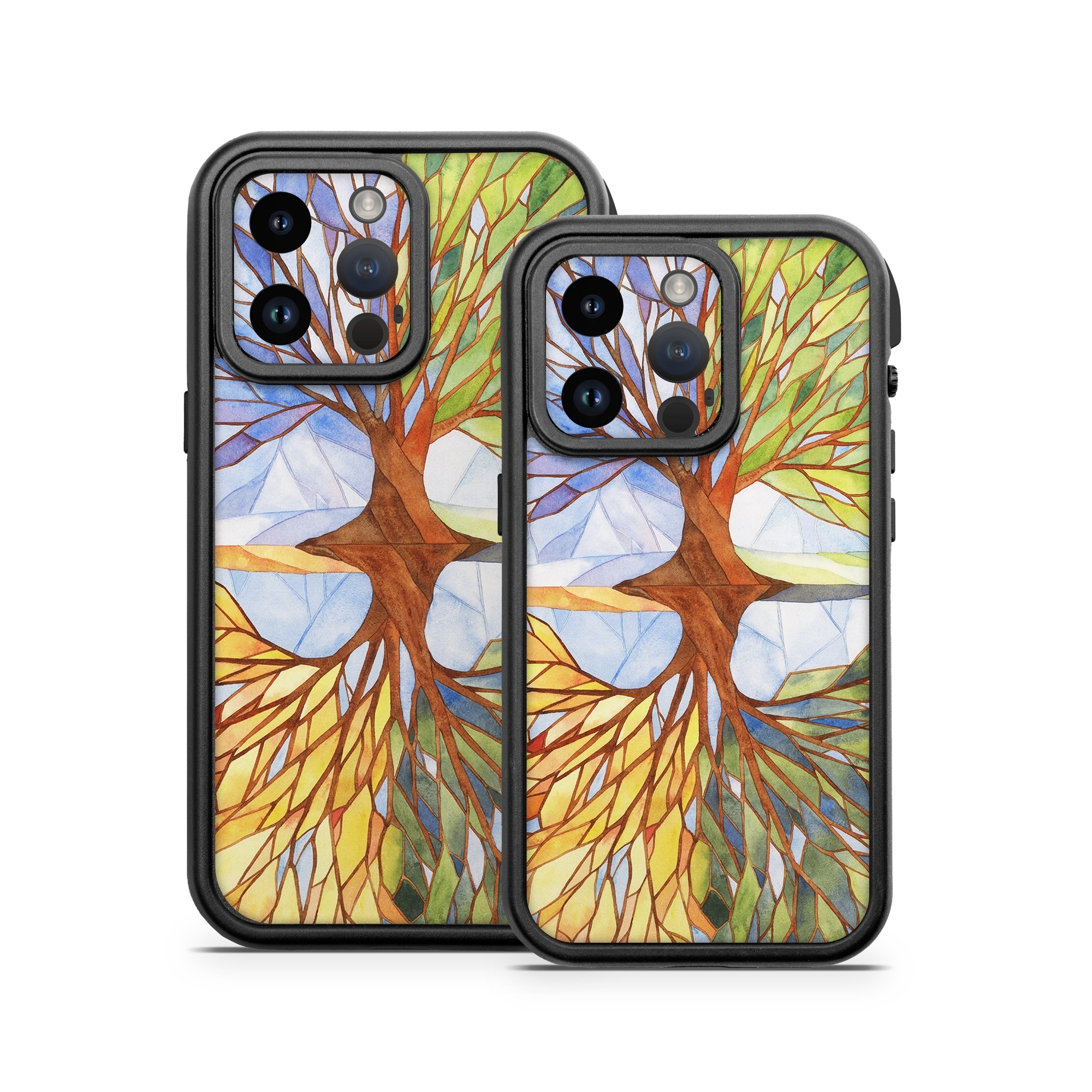 OtterBox Fre iPhone 14 Series Case Skin design of Leaf, Tree, Botany, Plant, Symmetry, Art, Pattern, Painting, Plant stem, Plane, with blue, brown, orange, yellow, red, purple colors