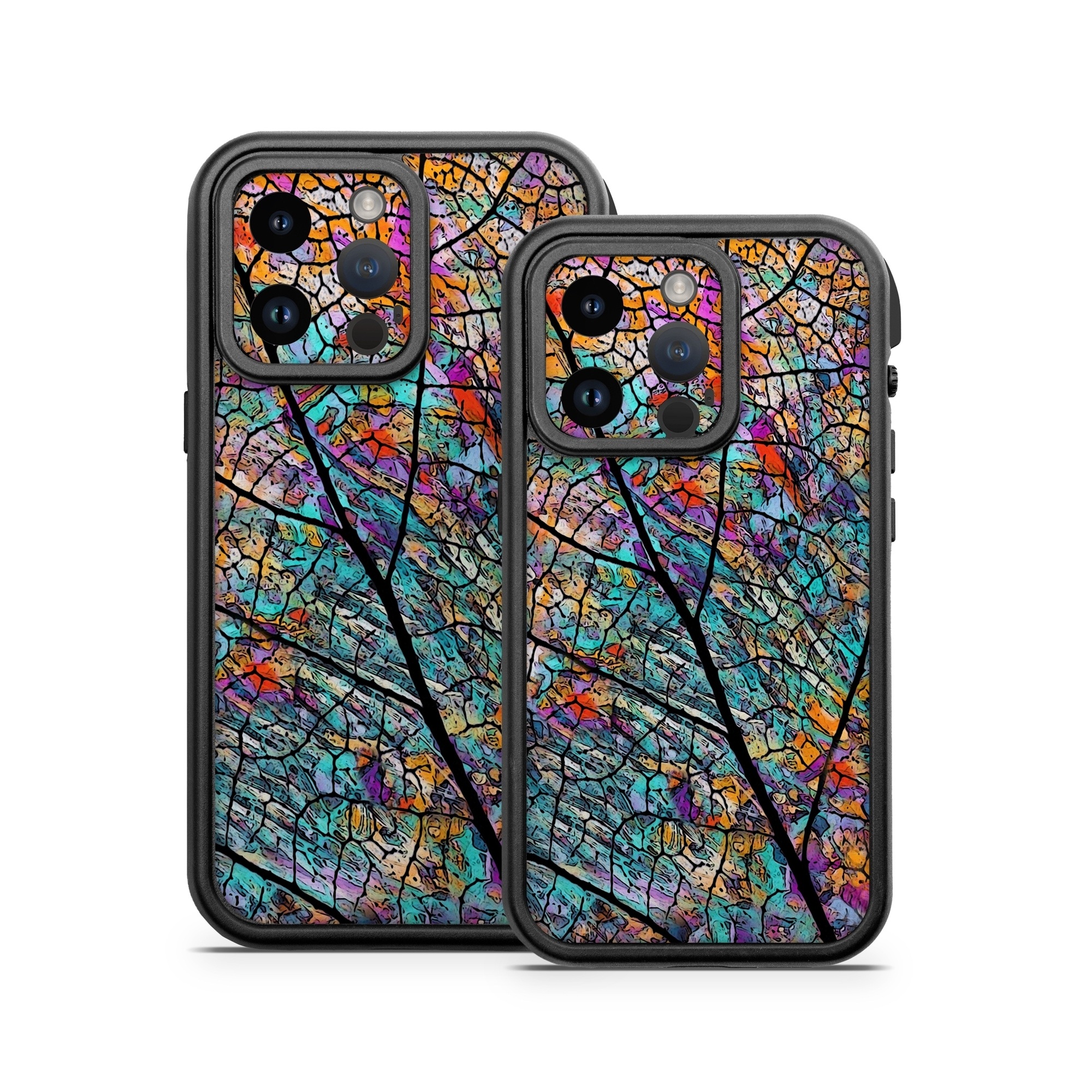 OtterBox Fre iPhone 14 Series Case Skin design of Pattern, Colorfulness, Line, Branch, Tree, Leaf, Design, Visual arts, Glass, Plant, with black, gray, red, blue, green colors