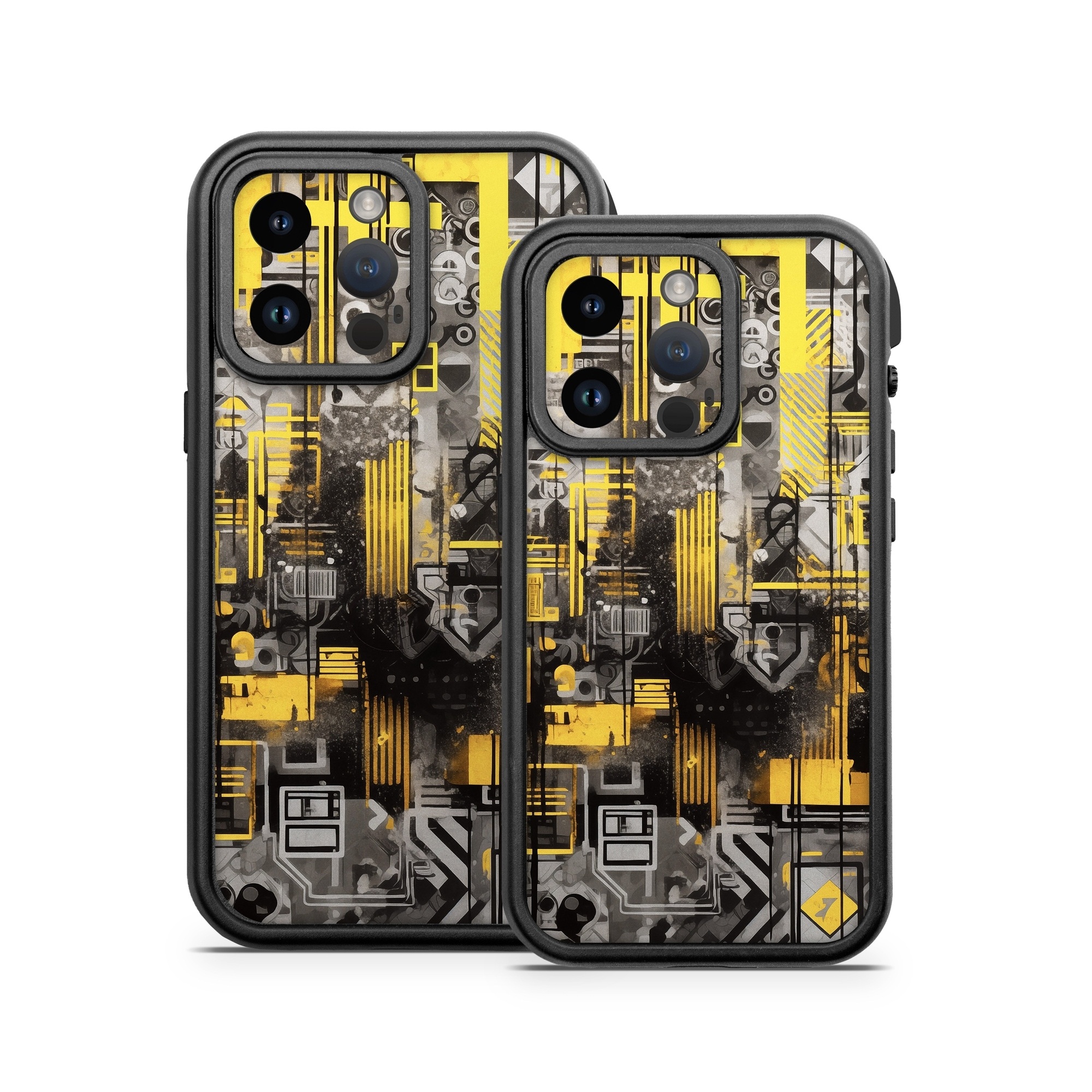 OtterBox Fre iPhone 14 Series Case Skin design of Rectangle, Yellow, Font, Art, City, Engineering, Tints and shades, Pattern, Symmetry, Space, with black, white, gray, yellow colors
