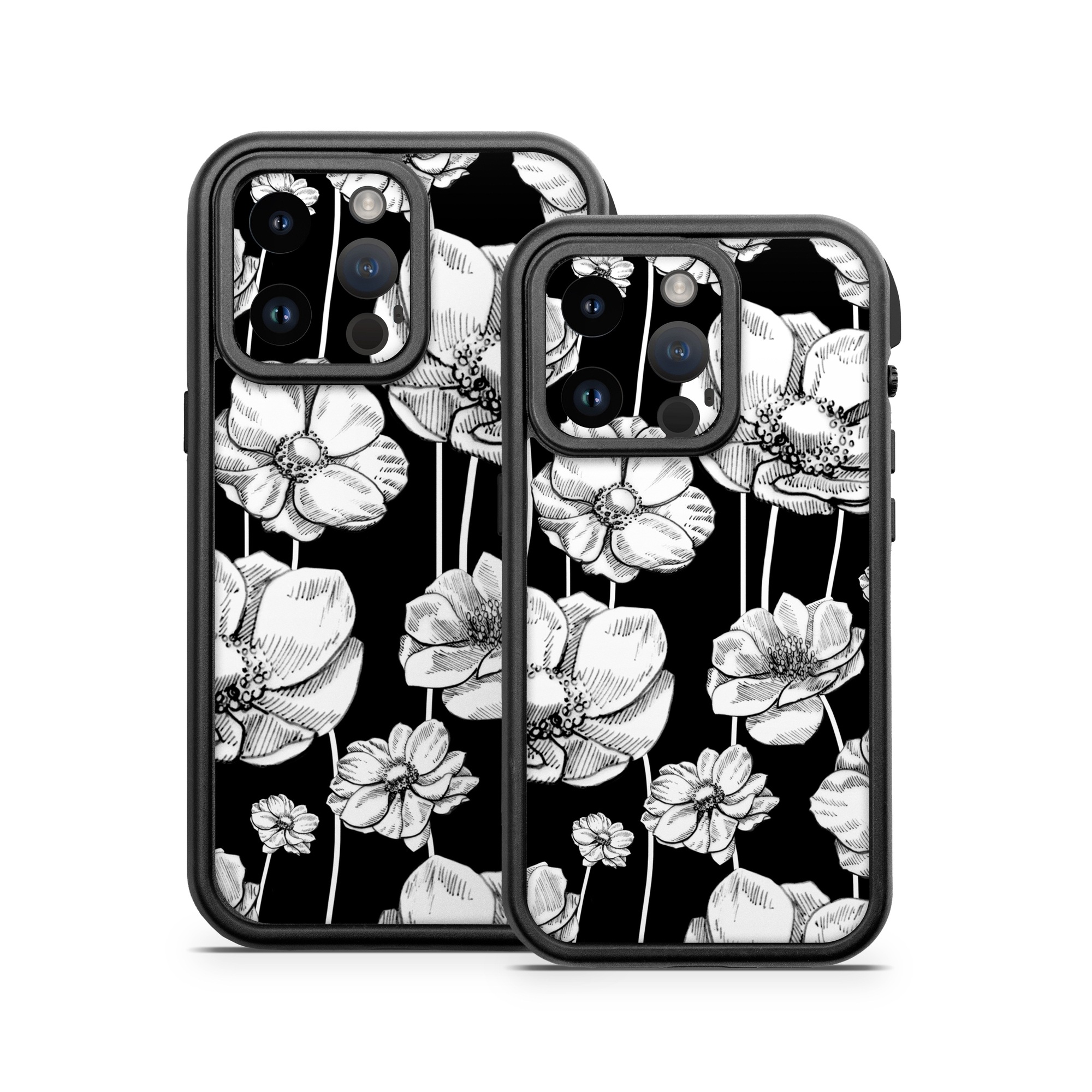 OtterBox Fre iPhone 14 Series Case Skin design of Flower, Black-and-white, Plant, Botany, Petal, Design, Wildflower, Monochrome photography, Pattern, Monochrome, with black, gray, white colors