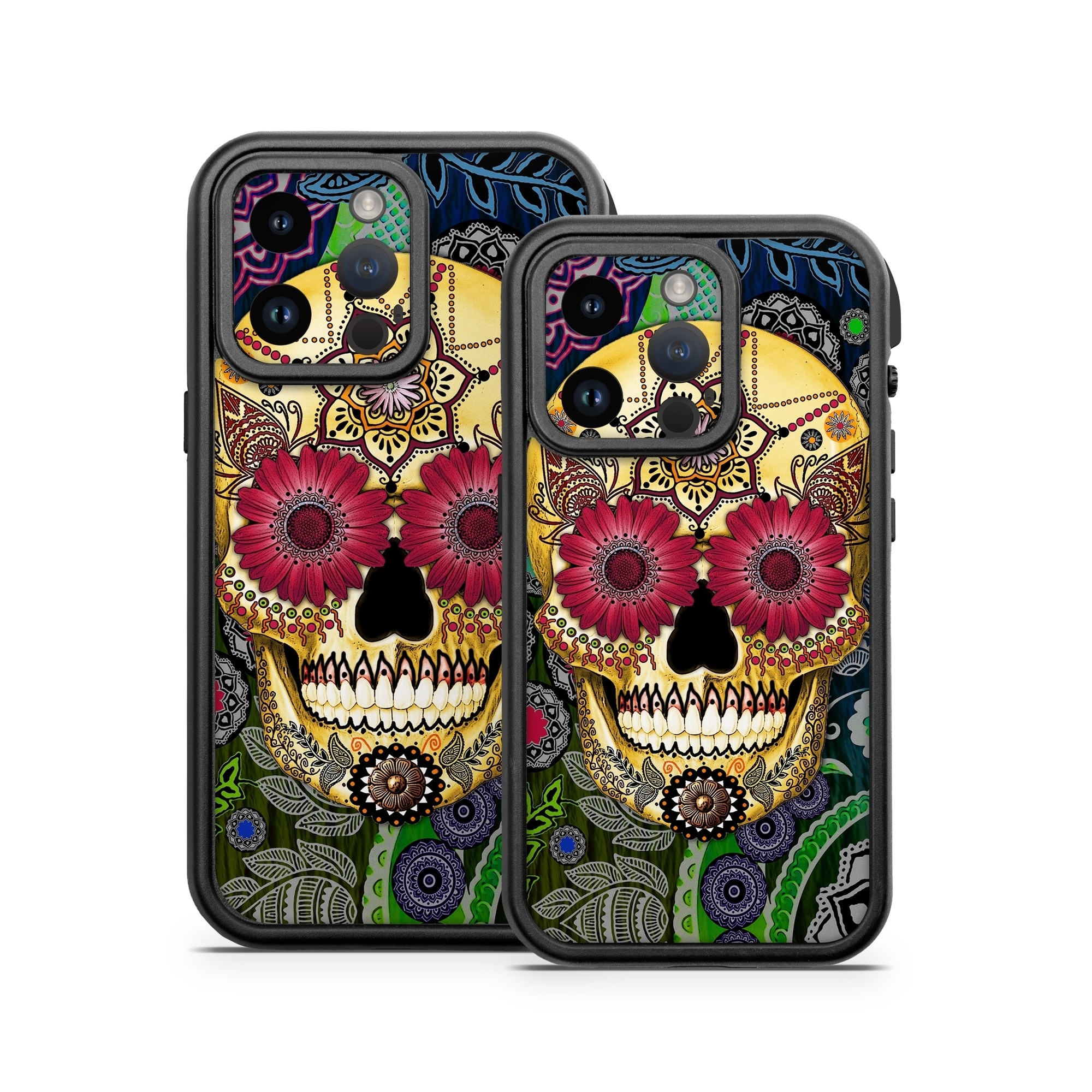 OtterBox Fre iPhone 14 Series Case Skin design of Skull, Bone, Pattern, Psychedelic art, Visual arts, Design, Illustration, Art, Textile, Plant, with black, red, gray, green, blue colors