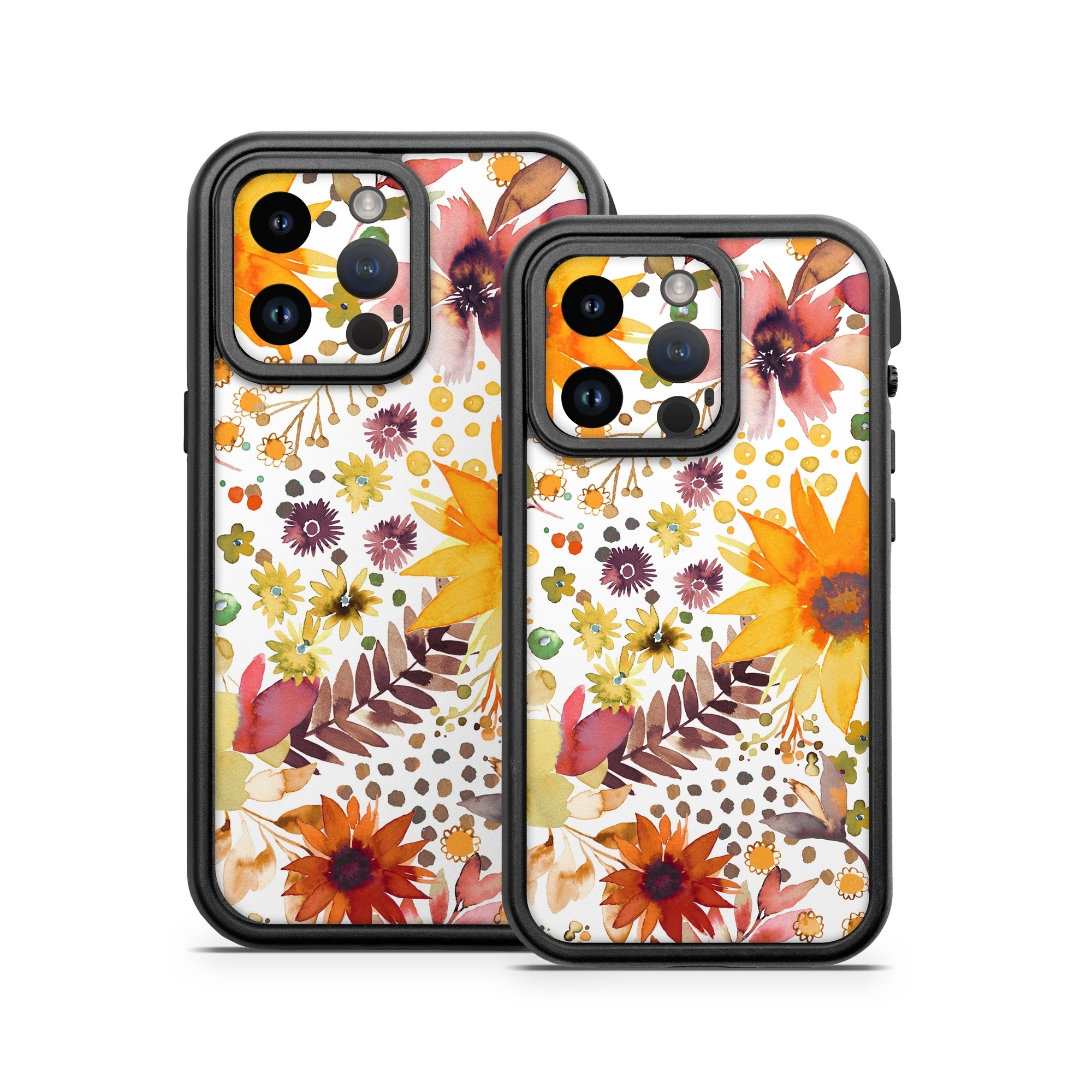 OtterBox Fre iPhone 14 Series Case Skin design of Flower, Plant, Petal, Botany, Textile, Orange, Line, Groundcover, Creative arts, Flowering plant, with white, yellow, pink, green, brown, orange colors