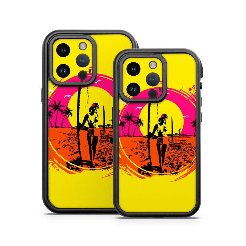 OtterBox Fre iPhone 14 Series Case Skin design of Palm trees, Graphic design, Graphics, Surfing--Equipment and supplies, Surfboard, Silhouette