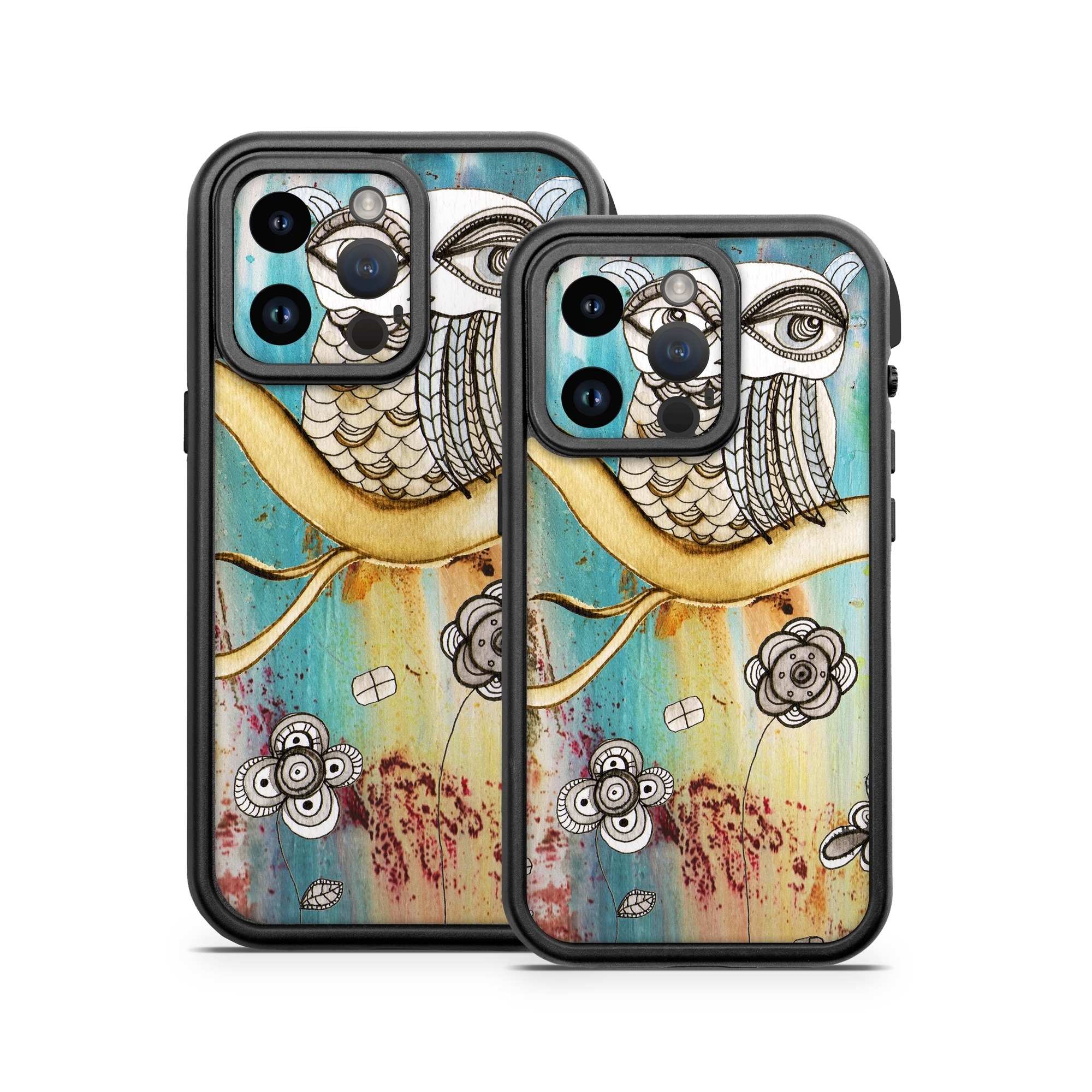 OtterBox Fre iPhone 14 Series Case Skin design of Owl, Pink, Illustration, Art, Visual arts, Watercolor paint, Organism, Modern art, Graphic design, Pattern, with gray, red, green, black, blue, purple colors