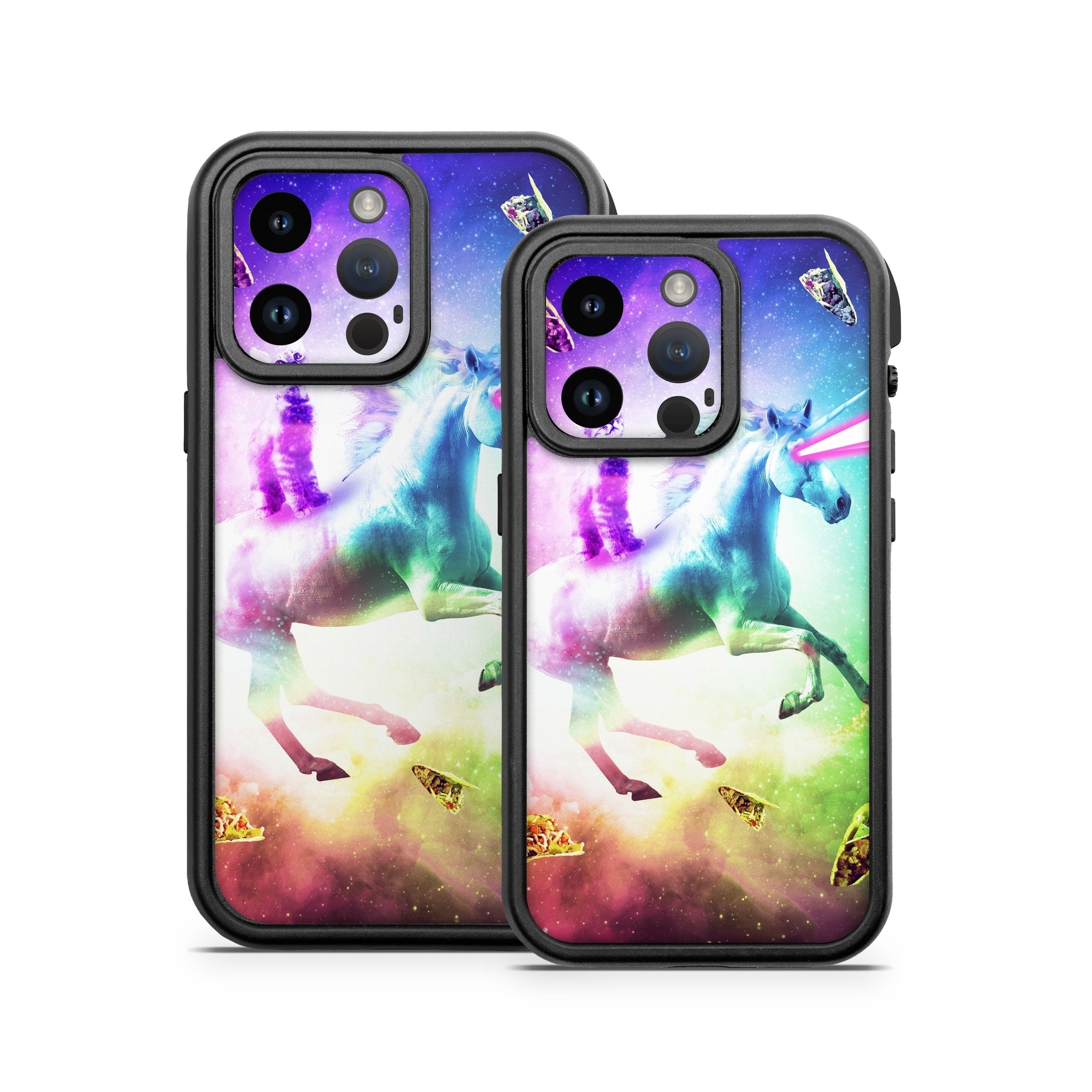 OtterBox Fre iPhone 14 Series Case Skin design of Fictional character, Illustration, Unicorn, Graphic design, Sky, Space, Mythical creature, Cg artwork, Art, Mythology, with black, white, blue, green, purple, pink, red colors