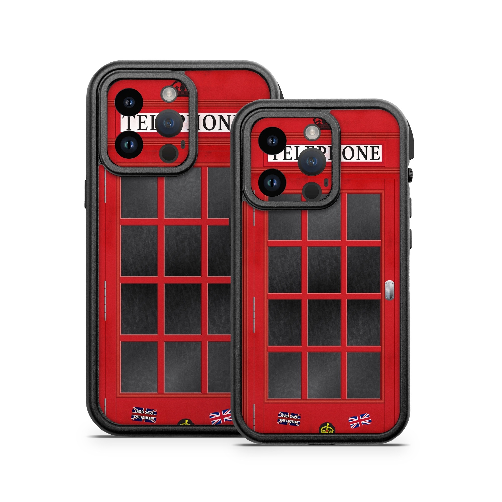 OtterBox Fre iPhone 14 Series Case Skin design of Red, Font, Building, Telephone Booth, Facade, with red, black, gray, white, blue, yellow colors