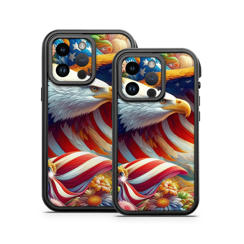 OtterBox Fre iPhone 14 Series Case Skin design of Bird, Accipitridae, Beak, Wing, Bald eagle, Bird of prey, Eagle, Flag of the United States, Accipitriformes, Painting, with red, blue, white, yellow, orange, brown, green, gray colors