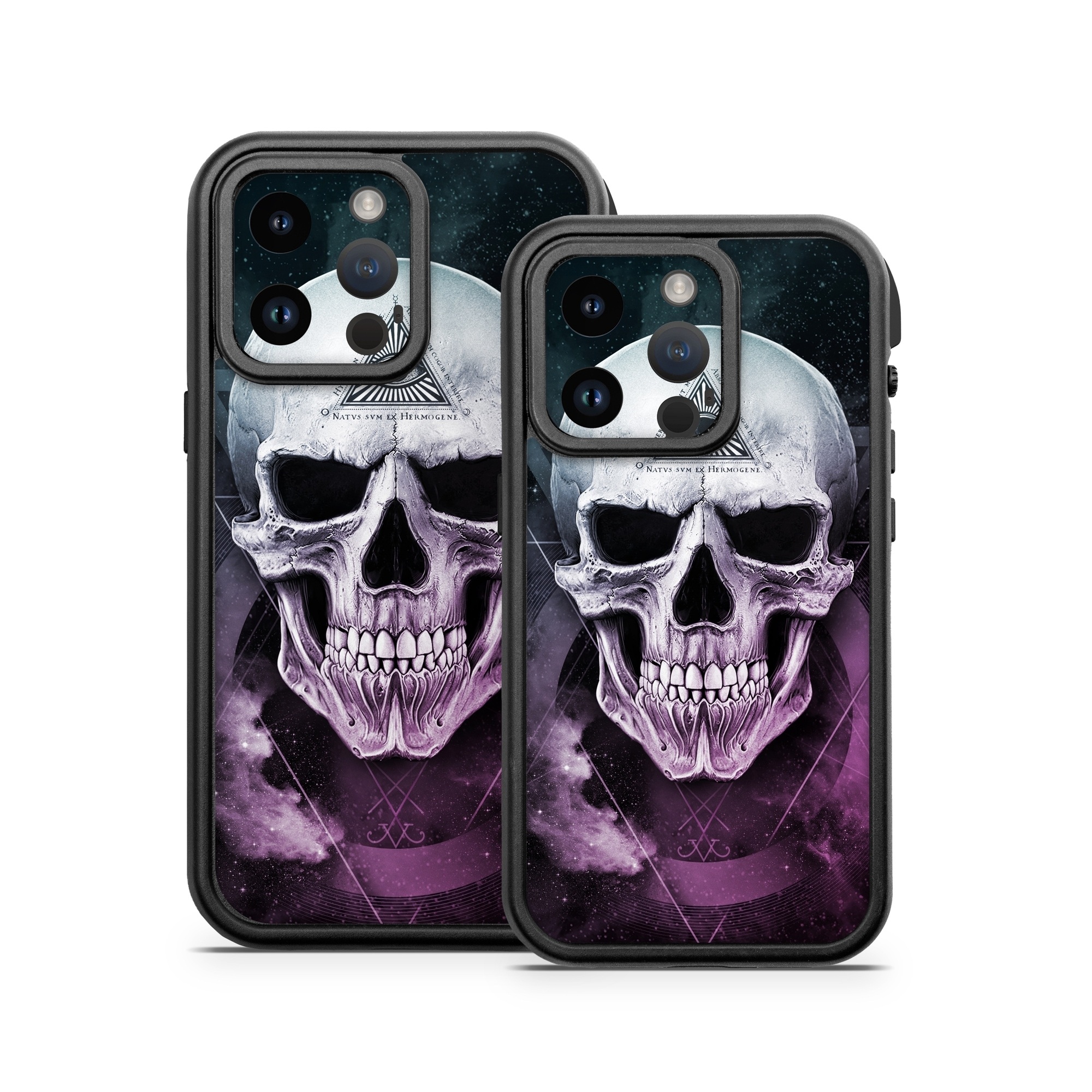 OtterBox Fre iPhone 14 Series Case Skin design of Skull, Bone, Illustration, Font, Jaw, Fictional character, Graphic design, Graphics, Art, with black, white, gray, purple colors