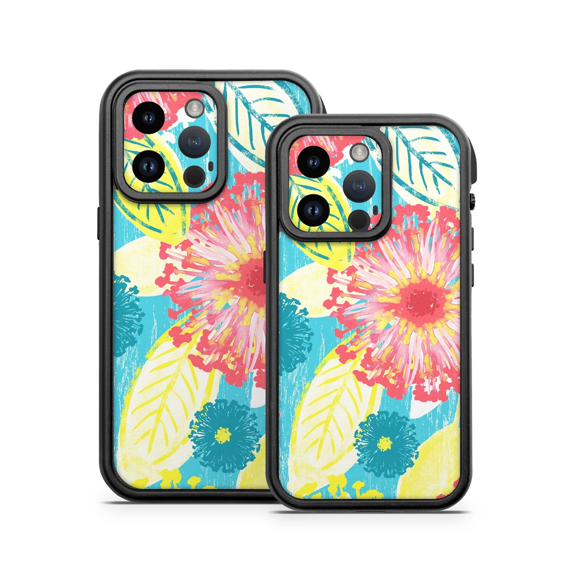 OtterBox Fre iPhone 14 Series Case Skin design of Pattern, Design, Flower, Floral design, Plant, Textile, Wrapping paper, Wildflower, Visual arts, with pink, gray, blue, yellow colors
