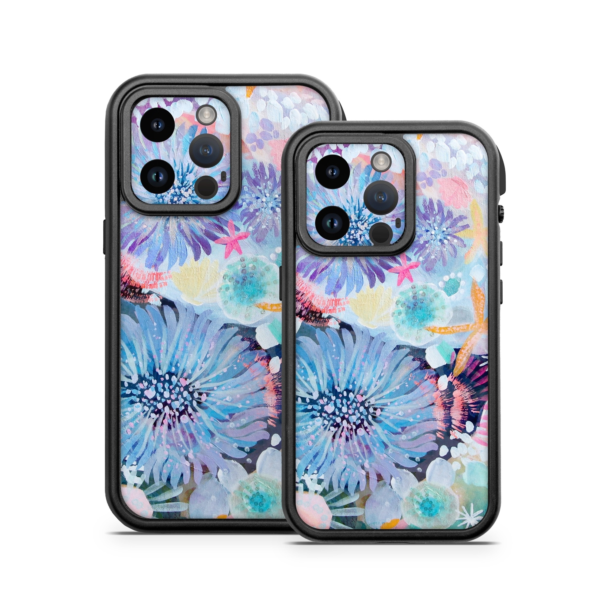 OtterBox Fre iPhone 14 Series Case Skin design of Pattern, Aqua, Textile, Design, Watercolor paint, Visual arts, Flower, Art, Plant, Illustration, with blue, orange, pink, purple, green, white colors