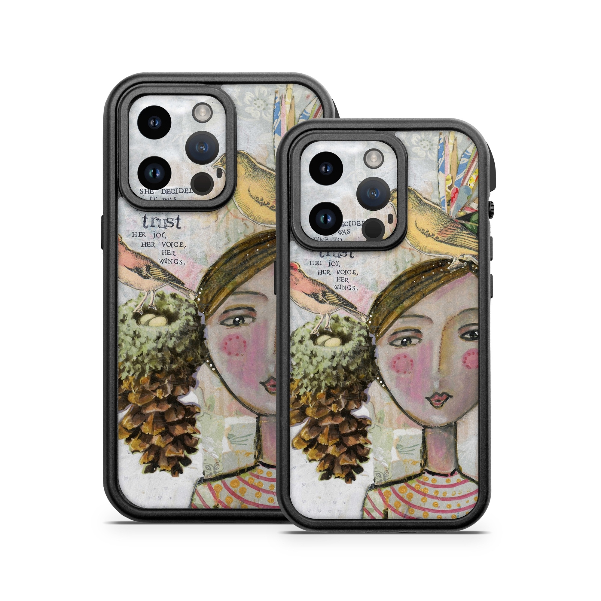 OtterBox Fre iPhone 14 Series Case Skin design of Watercolor paint, Illustration, Art, Painting, Child art, Fictional character, Visual arts, Fashion illustration, Feather, Drawing, with gray, brown, pink, yellow, red, green, blue colors