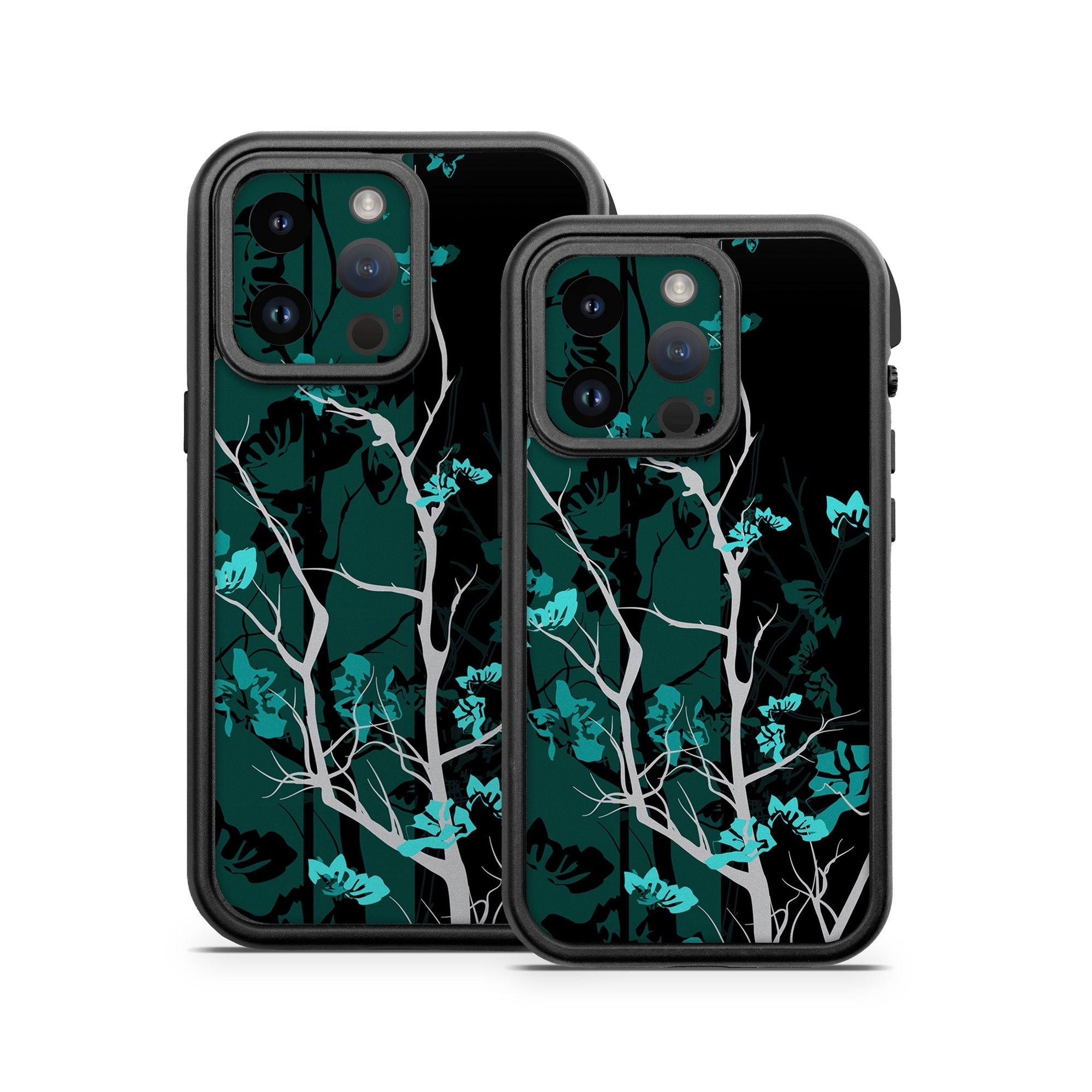 OtterBox Fre iPhone 14 Series Case Skin design of Branch, Black, Blue, Green, Turquoise, Teal, Tree, Plant, Graphic design, Twig, with black, blue, gray colors
