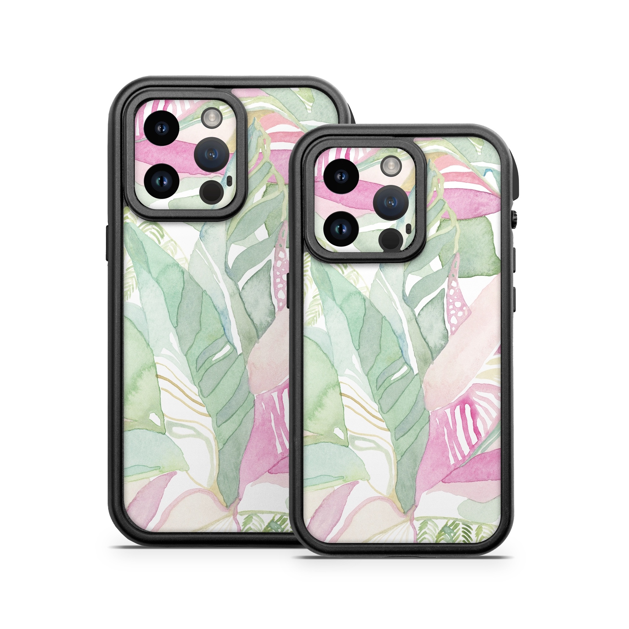 OtterBox Fre iPhone 14 Series Case Skin design of Pink, Leaf, Botany, Pattern, Plant, Flower, Illustration, with white, green, pink, orange colors