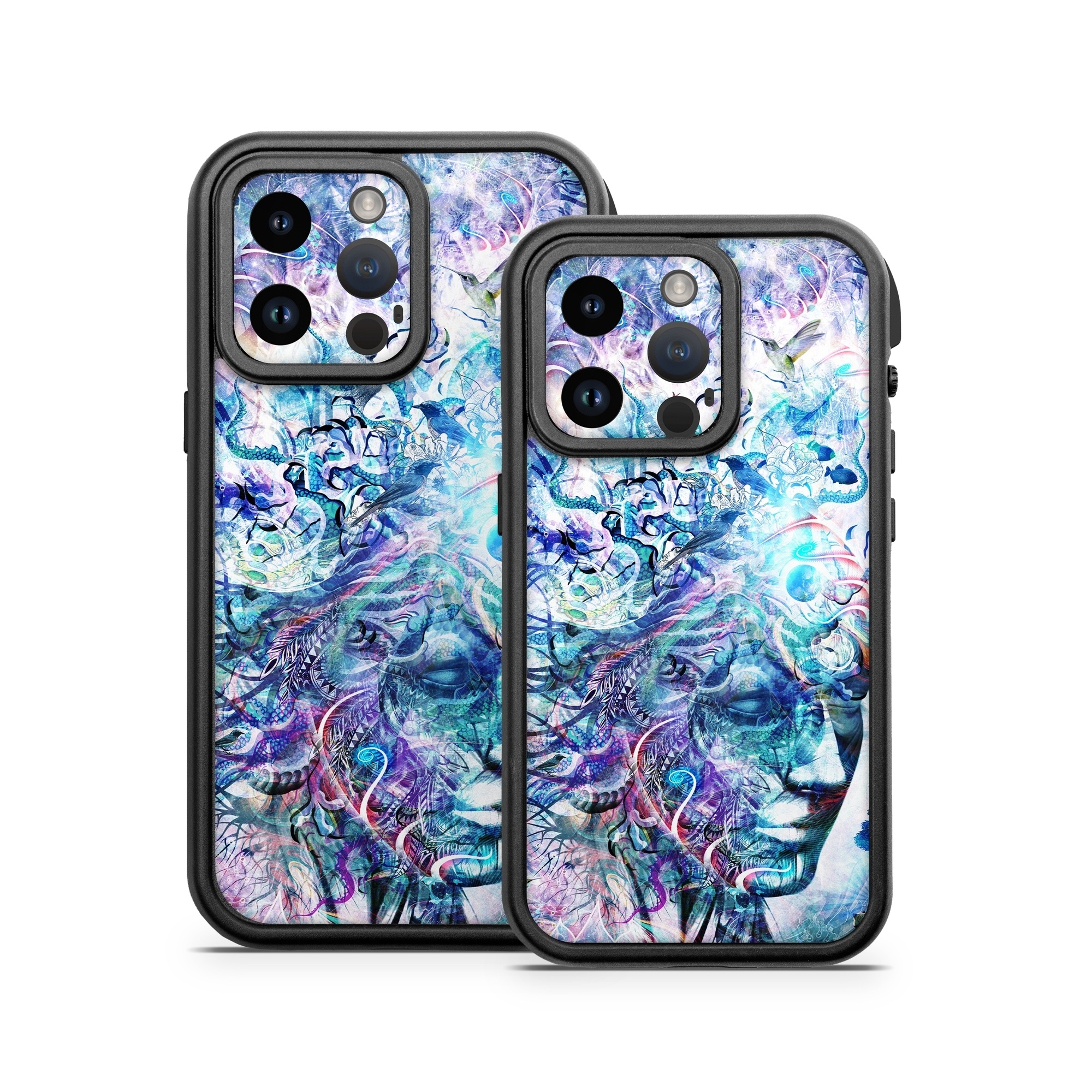 OtterBox Fre iPhone 14 Series Case Skin design of Psychedelic art, Water, Fractal art, Art, Pattern, Graphic design, Design, Illustration, Electric blue, Visual arts, with blue, purple, green, red, gray, white colors