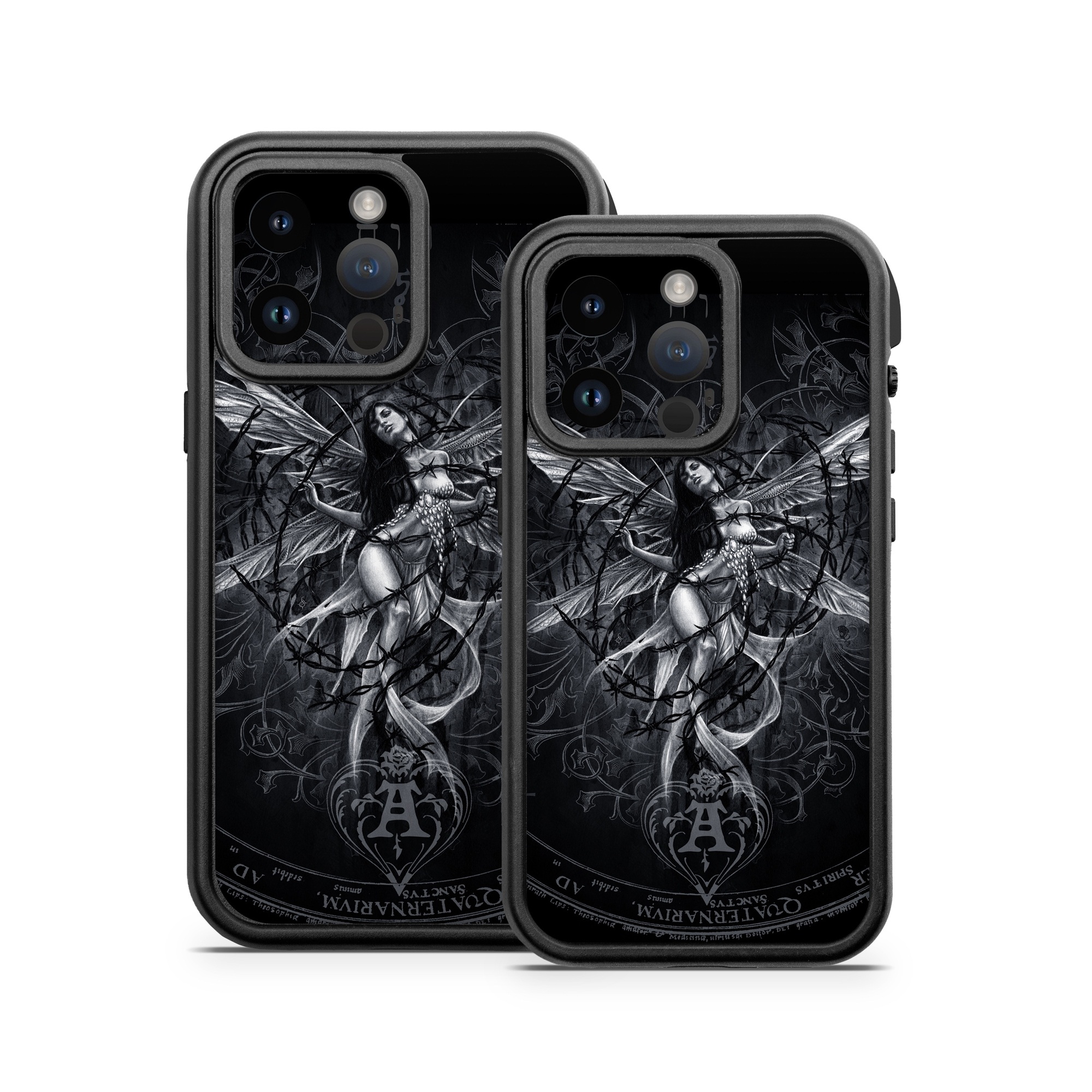 OtterBox Fre iPhone 14 Series Case Skin design of Illustration, Graphic design, Darkness, Fictional character, Black-and-white, Pattern, Graphics, Mythical creature, Circle, Wing, with black, white colors
