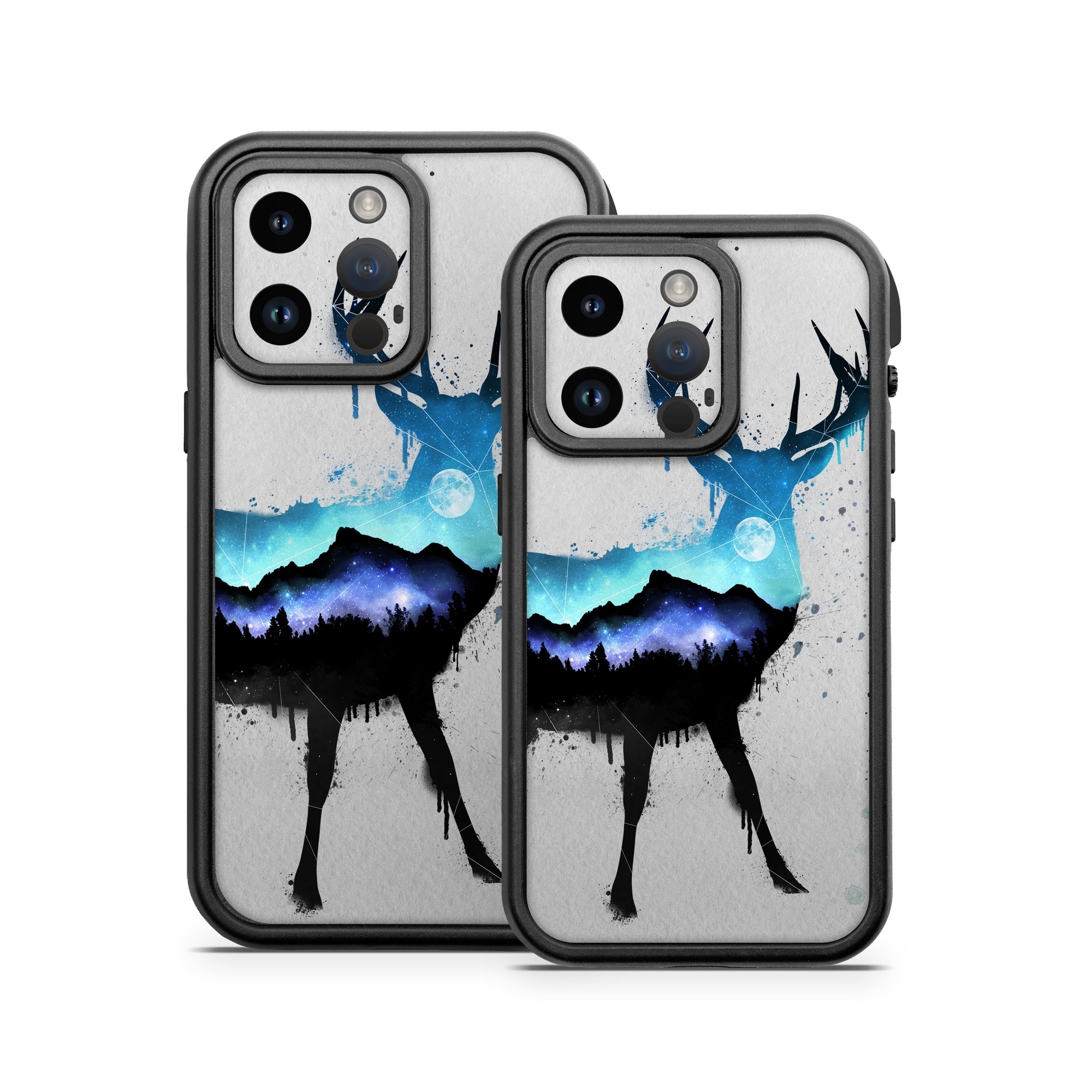 OtterBox Fre iPhone 14 Series Case Skin design of Reindeer, Deer, Illustration, Watercolor paint, Art, Elk, Wildlife, Drawing, Paint, Graphics, with gray, black, blue, purple, white colors
