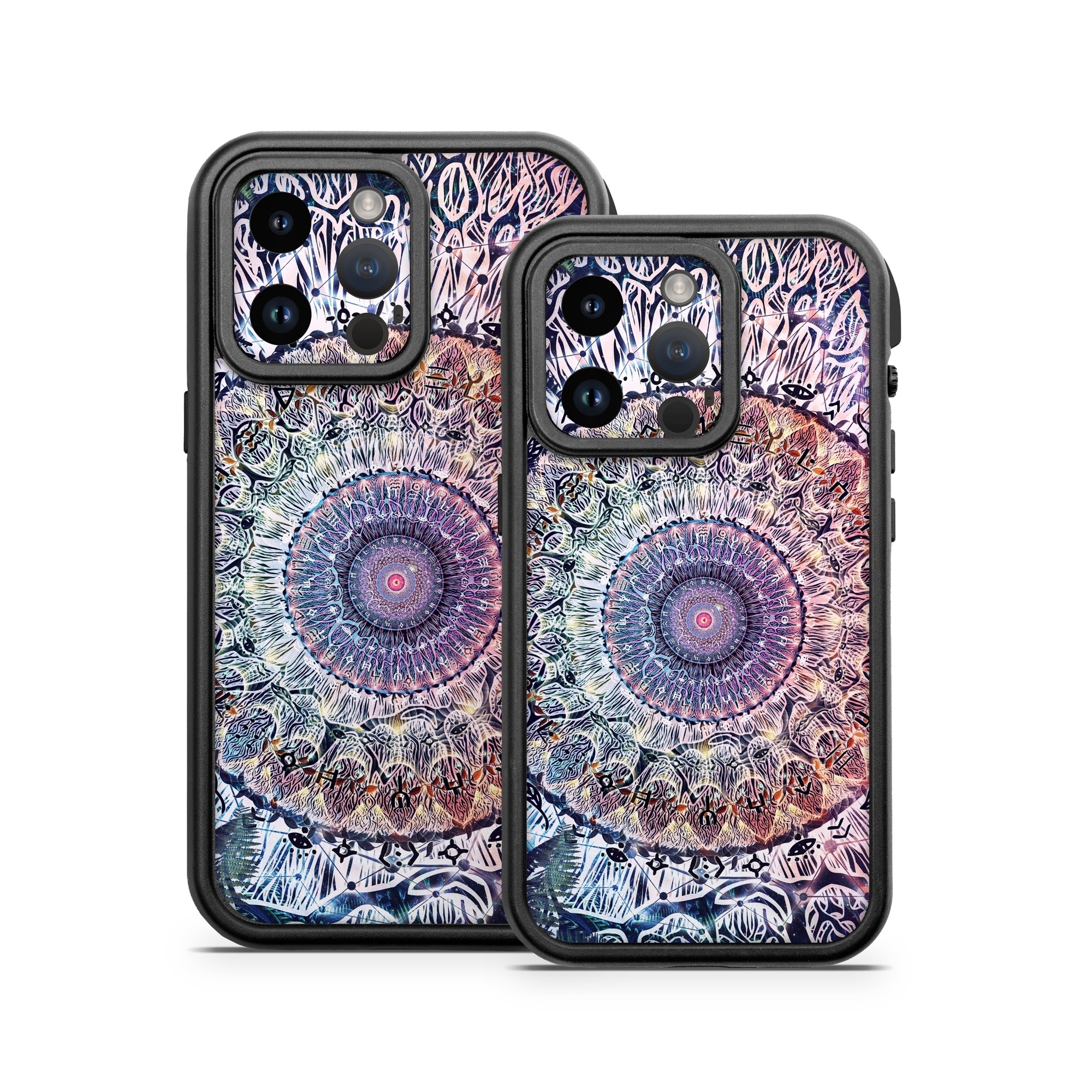 OtterBox Fre iPhone 14 Series Case Skin design of Tapestry, Pattern, Art, Close-up, Circle, Fractal art, Textile, Eye, Design, Kaleidoscope, with blue, red, yellow, purple, green colors
