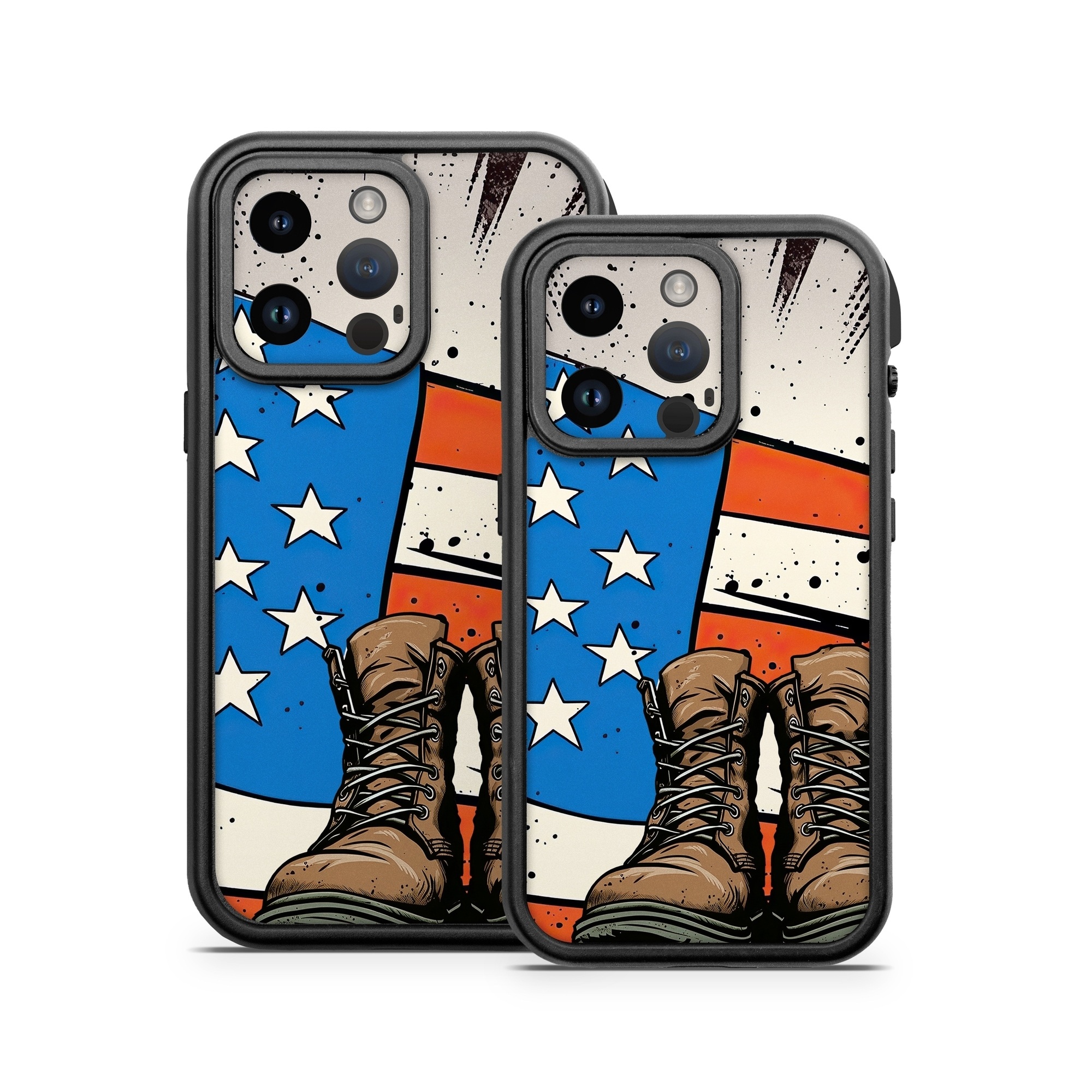 OtterBox Fre iPhone 14 Series Case Skin design of Footwear, Shoe, Walking shoe, Outdoor shoe, Line, Flag of the united states, Sneakers, Font, Art, Human leg, with red, blue, white, black, brown, gray colors