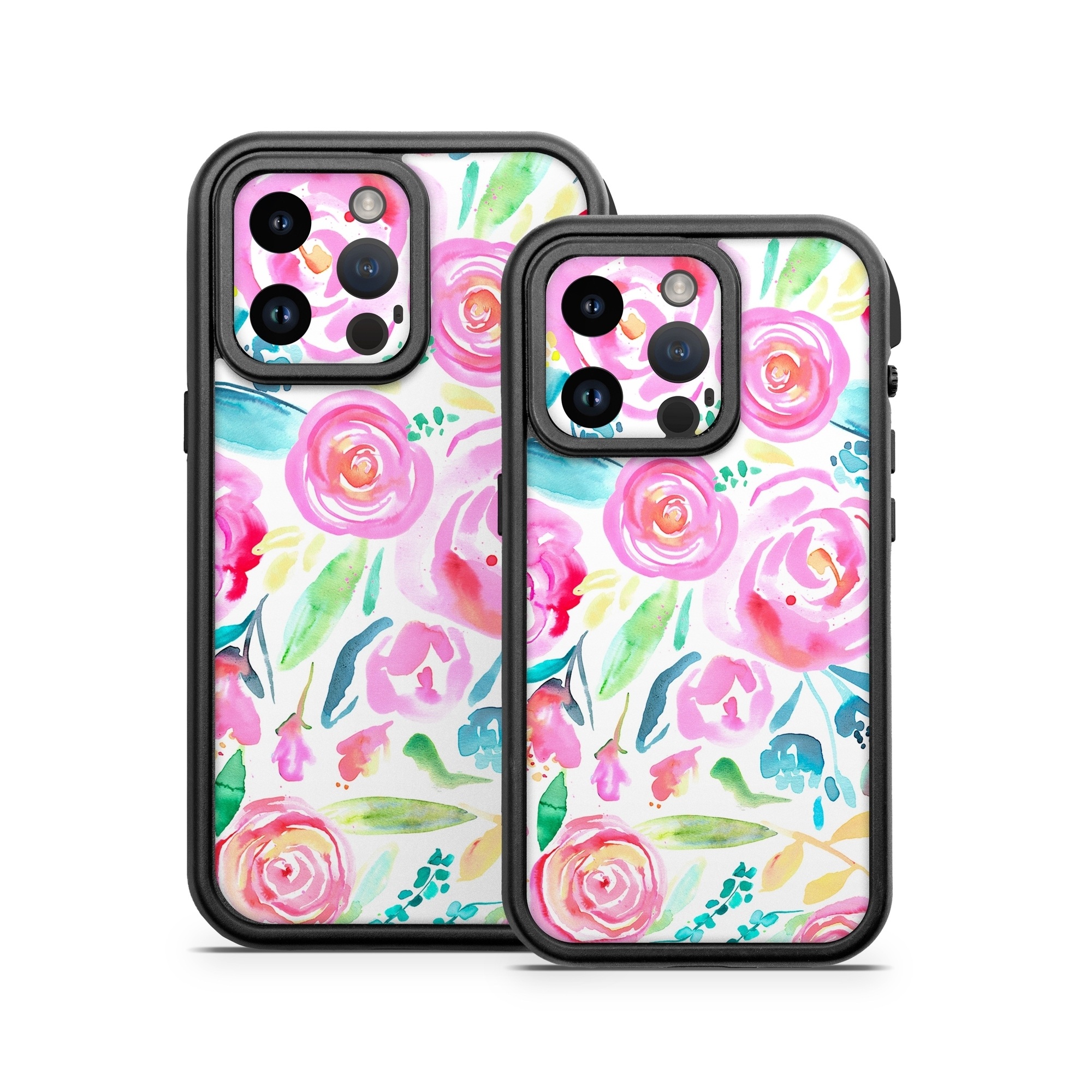 OtterBox Fre iPhone 14 Series Case Skin design of Flower, Plant, Petal, Pink, Art, Material property, Magenta, Flowering plant, Pattern, Rose family, with white, pink, green, blue, yellow colors