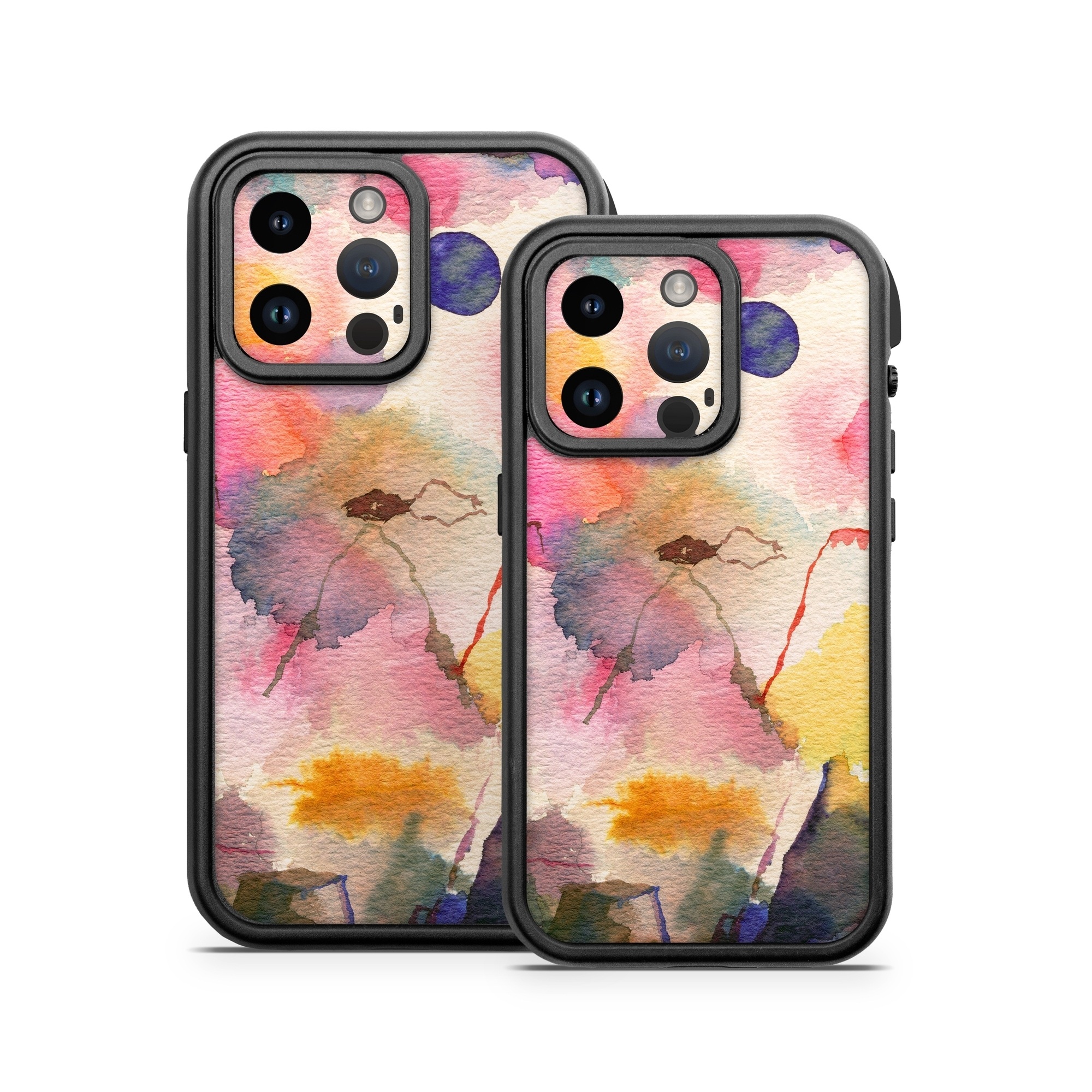OtterBox Fre iPhone 14 Series Case Skin design of Watercolor paint, Flower, Textile, Painting, Art, Plant, Pattern, Visual arts, Floral design, Paint, with white, pink, red, yellow, green, blue, black, orange colors