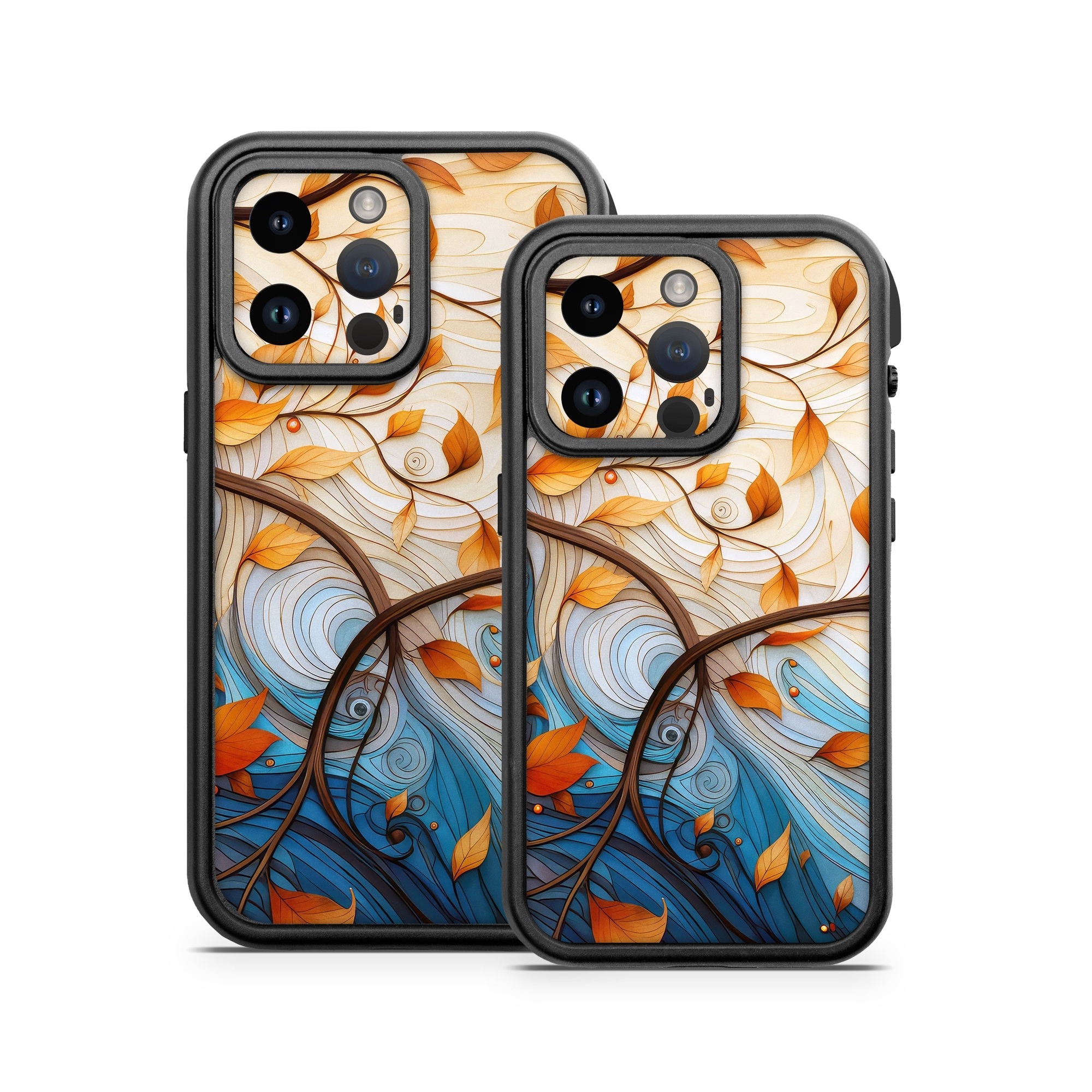 OtterBox Fre iPhone 14 Series Case Skin design of Dishware, Orange, Textile, Sleeve, Serveware, Petal, Pattern, Porcelain, Electric blue, Art, with yellow, orange, red, white, blue, brown colors