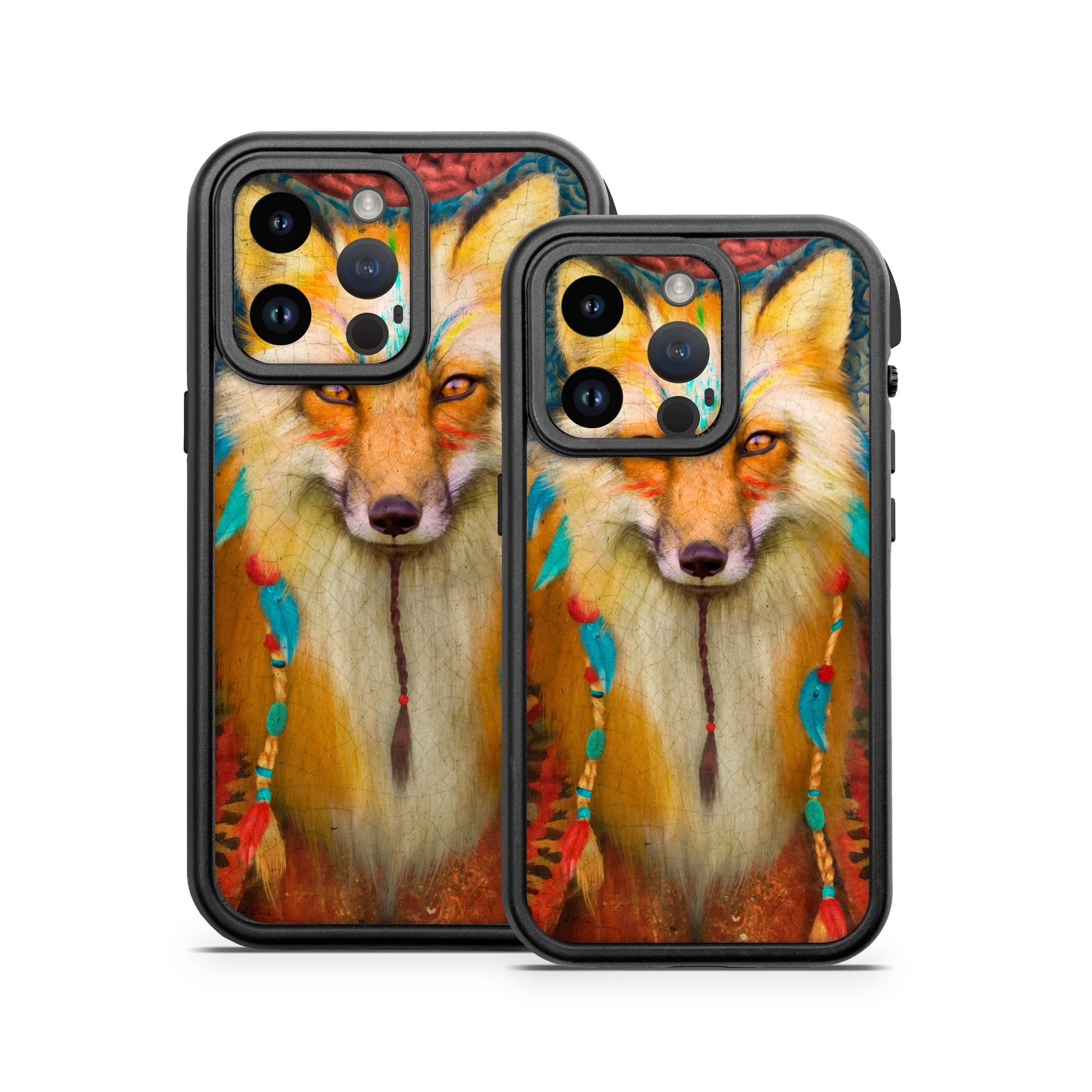 OtterBox Fre iPhone 14 Series Case Skin design of Red fox, Canidae, Fox, Wildlife, Swift fox, Carnivore, Jackal, Fur, Snout, Art, with red, black, gray, green, blue colors