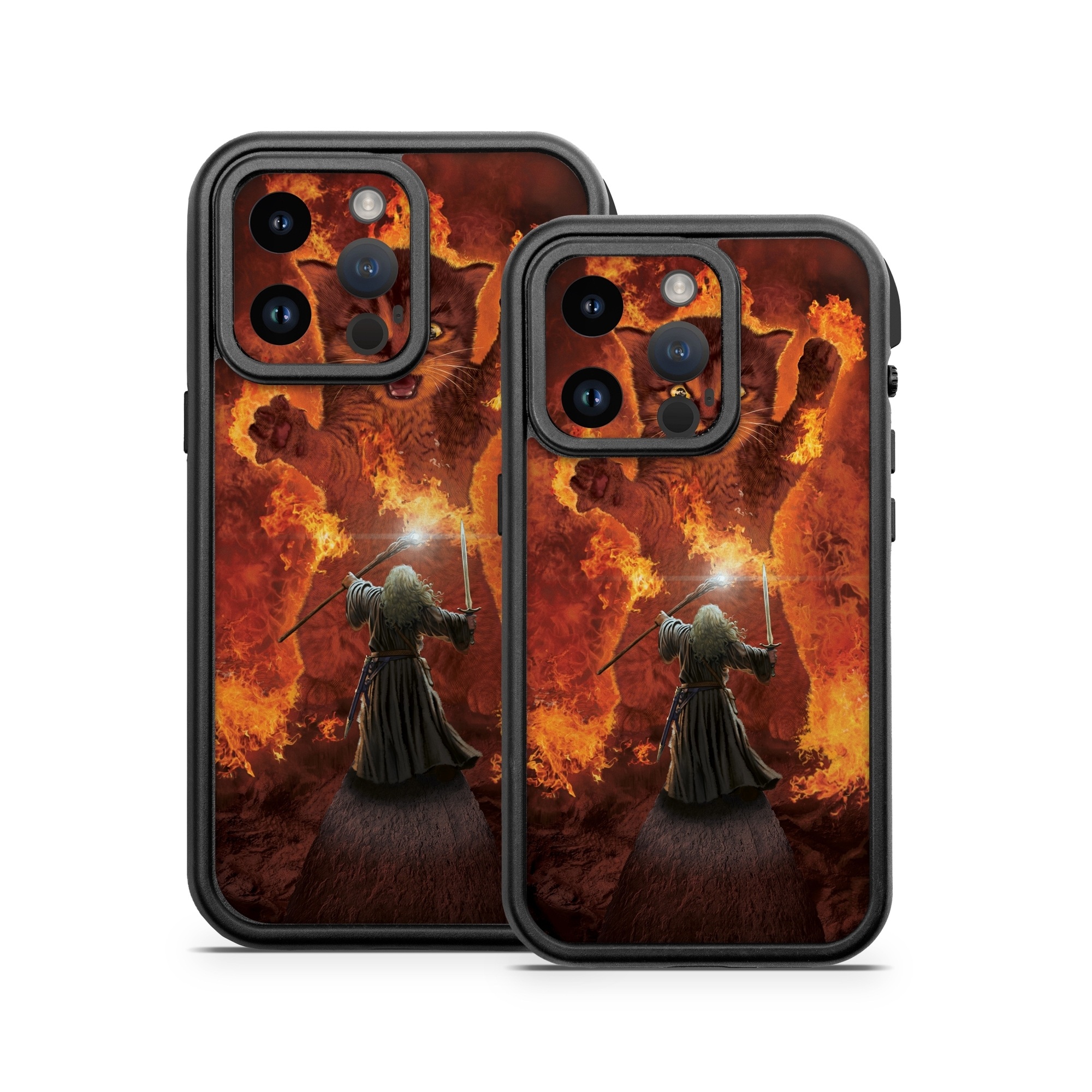 OtterBox Fre iPhone 14 Series Case Skin design of Cartoon, Art, Carnivore, Cg artwork, Felidae, Supernatural creature, Big cats, Heat, Fictional character, Darkness, with black, red, white, gray, yellow colors